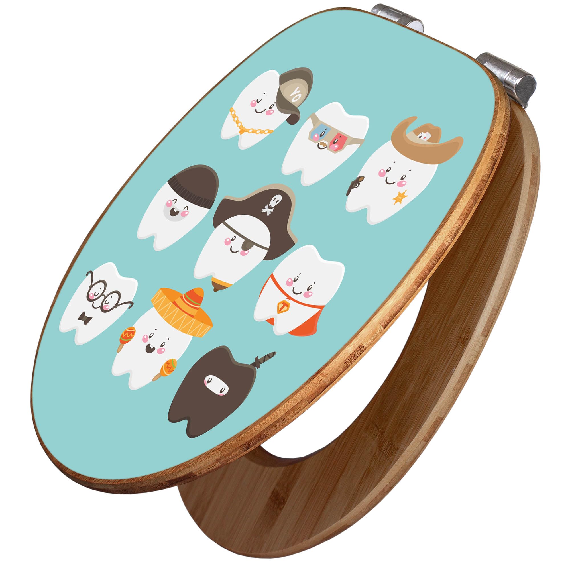 banjado Design WC Sitz Bambus Absenkautomatik 45,8x37,5cm - Toilettendeckel mit Absenkautomatik Holz - hochwertiger Bambus Klodeckel - WC-Sitz für gängigen Toiletten - Motiv Neun Zähne