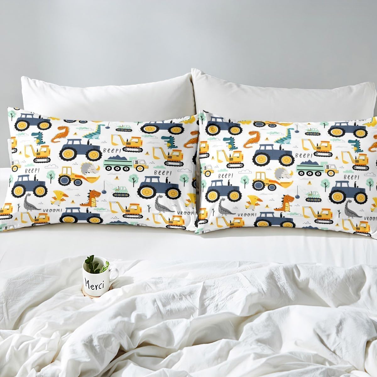 Homewish Cartoon Car Boys Bedding Single Microfiber Reversible Kids Dinosaur Single Duvet Cover Set for Boys Teens Cute Tractor Excavator Pattern Bedding Sets - Image 4