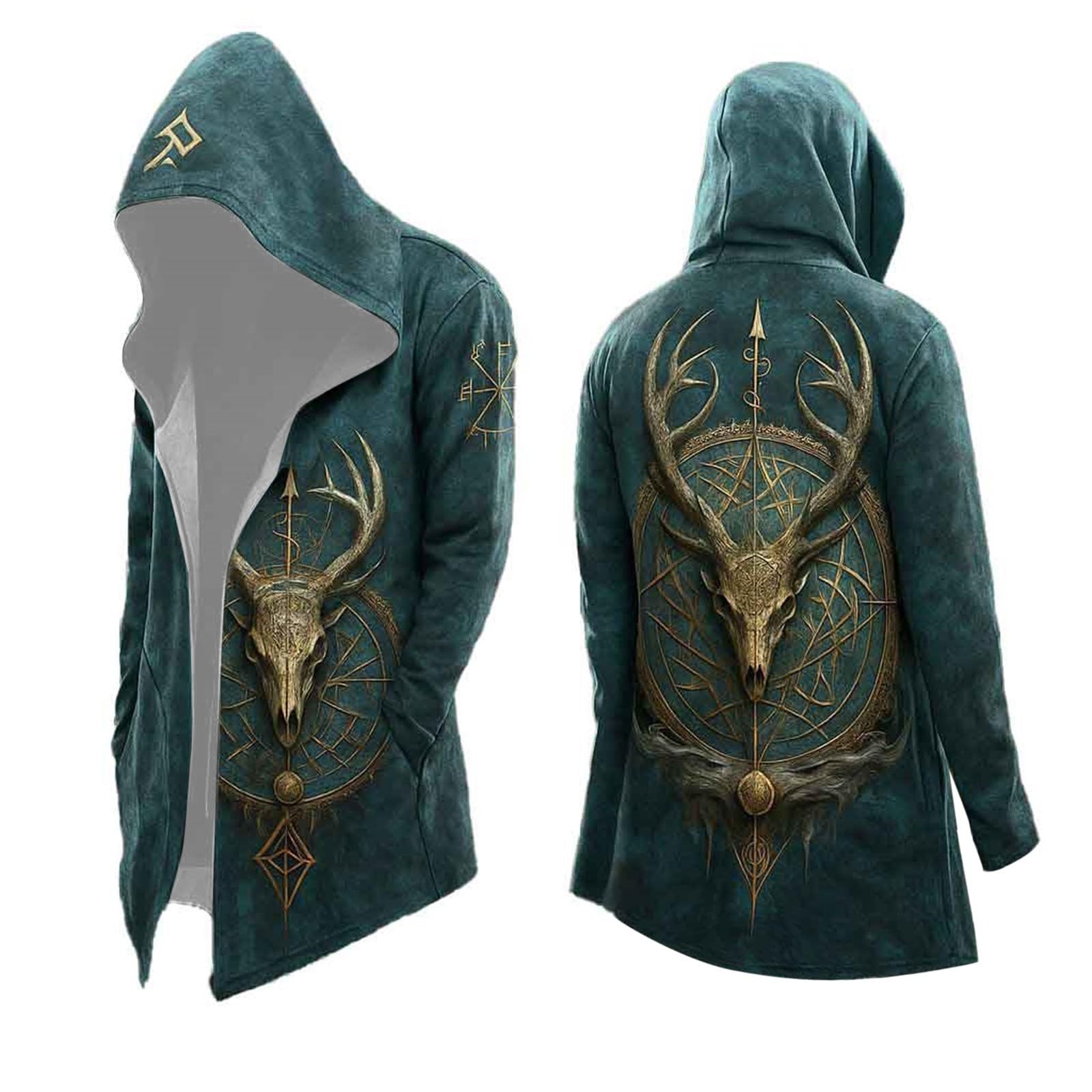 Men's Halloween Hoodie Medieval Norse Mythology Hooded Cardigan Motorcycle Jacket Long Sleeve Casual Loose Fit Streetwear Coat for Daily Wear Spring Autumn Winter (A18-Green, 3XL)