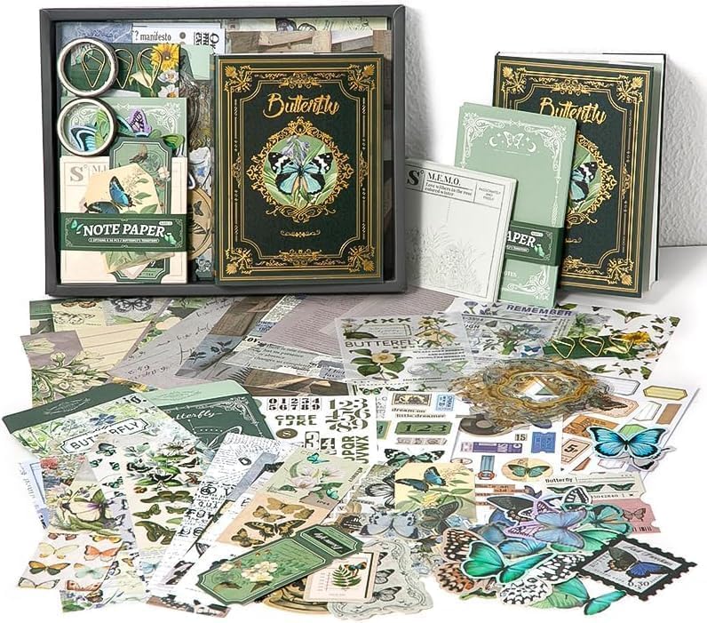 Image of MGNLR Vintage Aesthetic Scrapbook Kit(346Pcs) Scrapbooking Supplies Kit with Bullet Junk Journal,Stationery,A6 Grid Notebook Journaling Gift for Girl (Green Forest Butterflies)