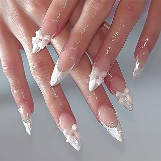 24Pcs White French Tip Press on Nails Medium Almond with 3D Bows and Pearls Charms Designs, French Press on Cute Bow False Nail Tips,Cute Stick on Nails for Women Fingernails Manicure Decorations