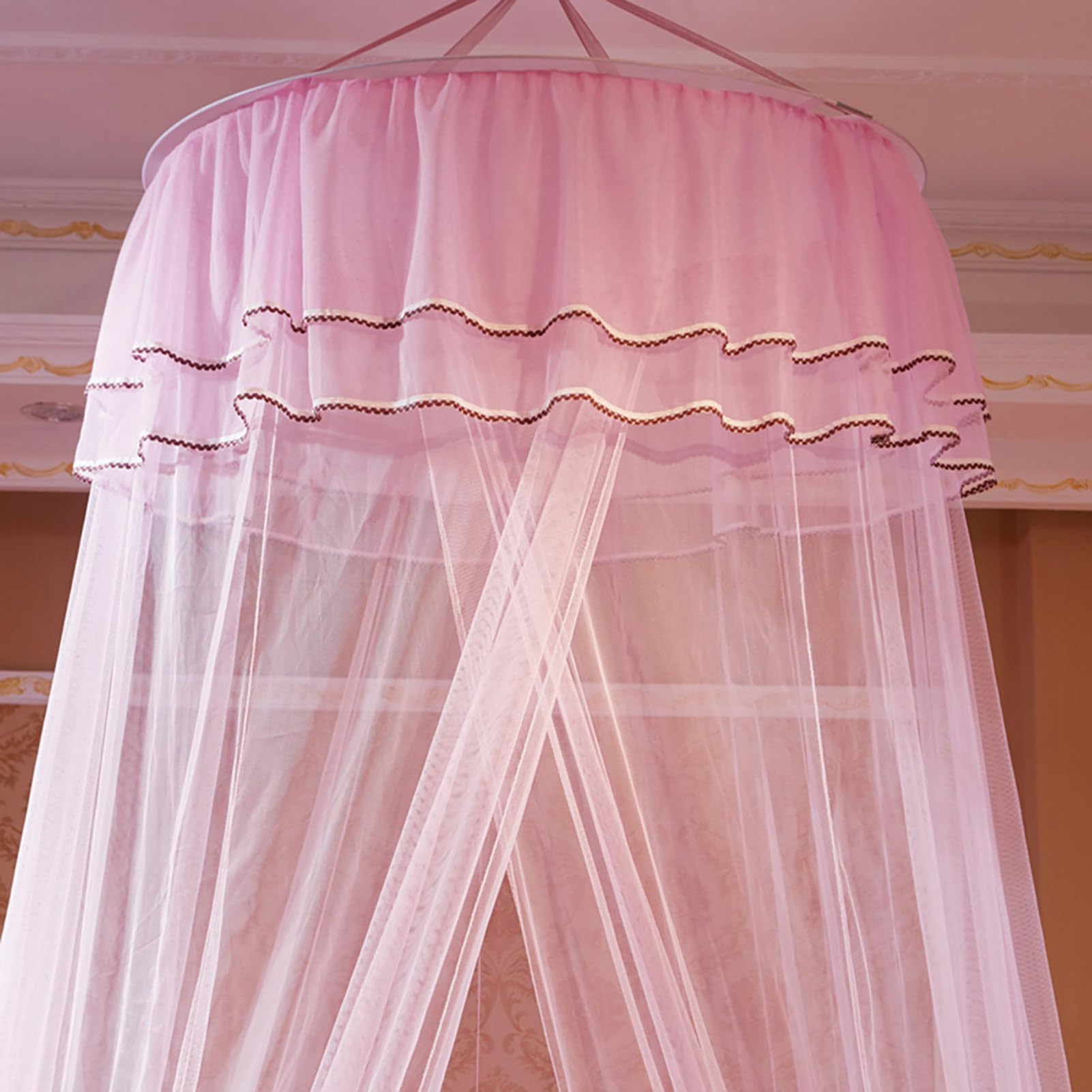 SustVita Breathable Bed Curtain, Net Bed Canopy with Round Princess Lace Design for Full to Queen Size, Nice for Home Decor (Pink)