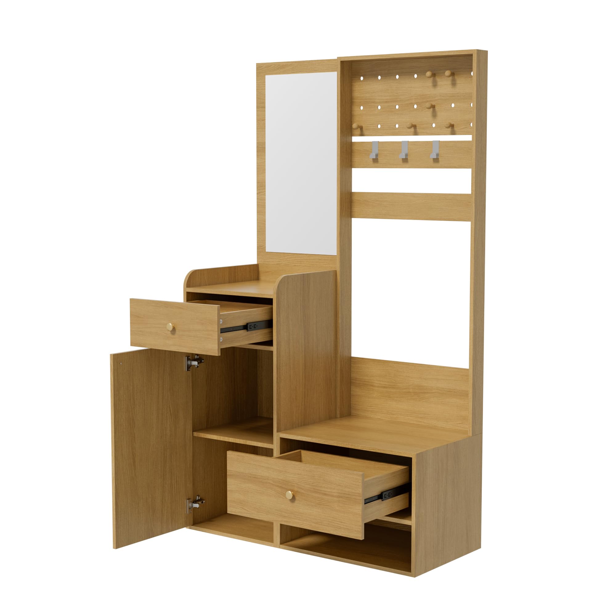 Perchero compacto de 105 cm, moderno y multifuncional, estantería de entrada elegante de color madera con espejo, ganchos ajustables y espaciosos estantes para zapatos