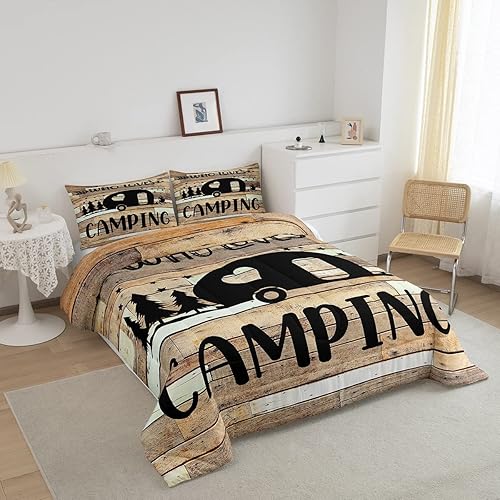 Miniatura 2 de Juego de edredón de tamaño matrimonial, color marrón, rústico, con puerta de granero, para niños, adolescentes y adultos, edredón negro de pino RV