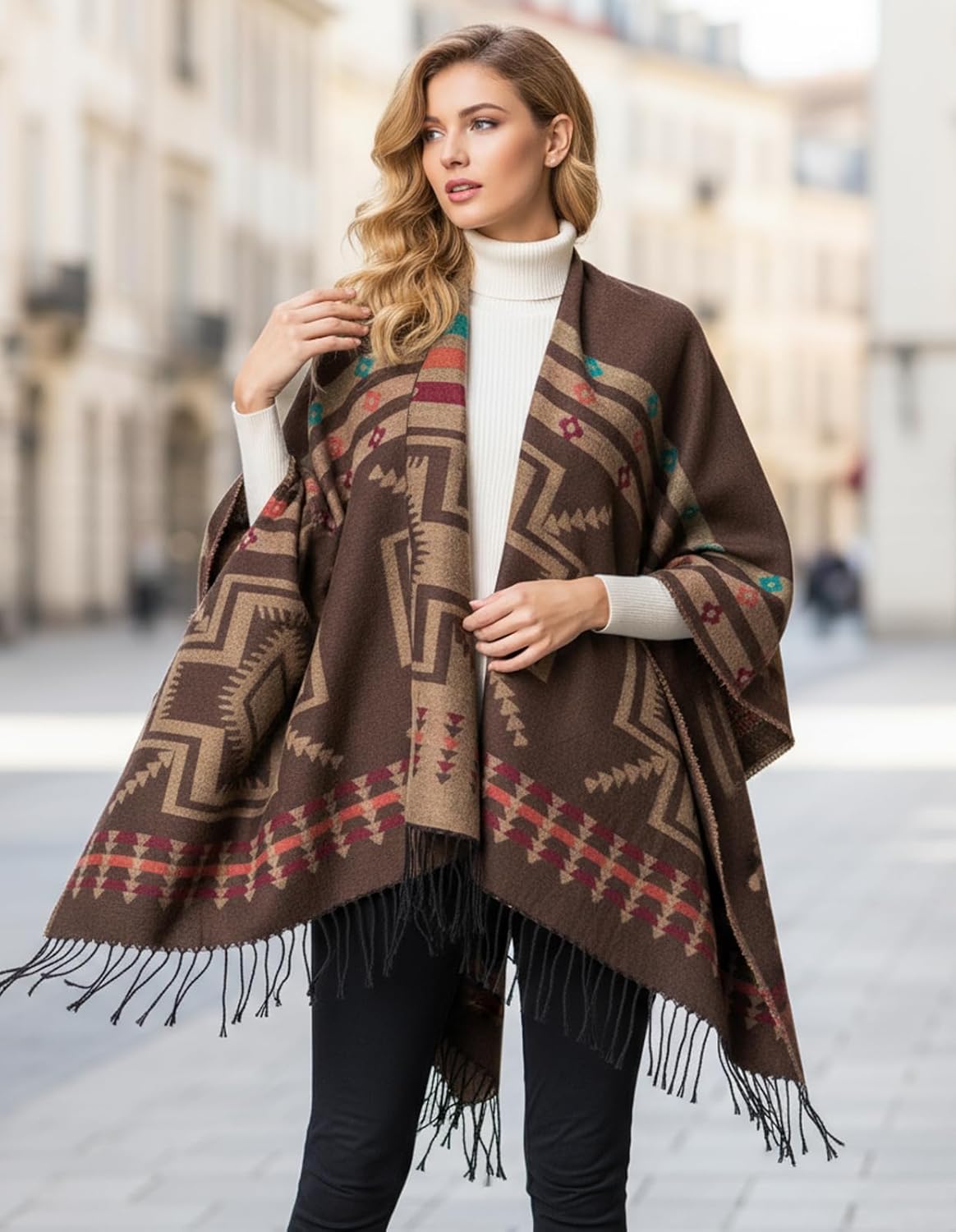 Women's Shawl Wraps Open Front Poncho Cape Oversized Sweaters Casual Cardigan Shawls for Fall Winter - Image 5