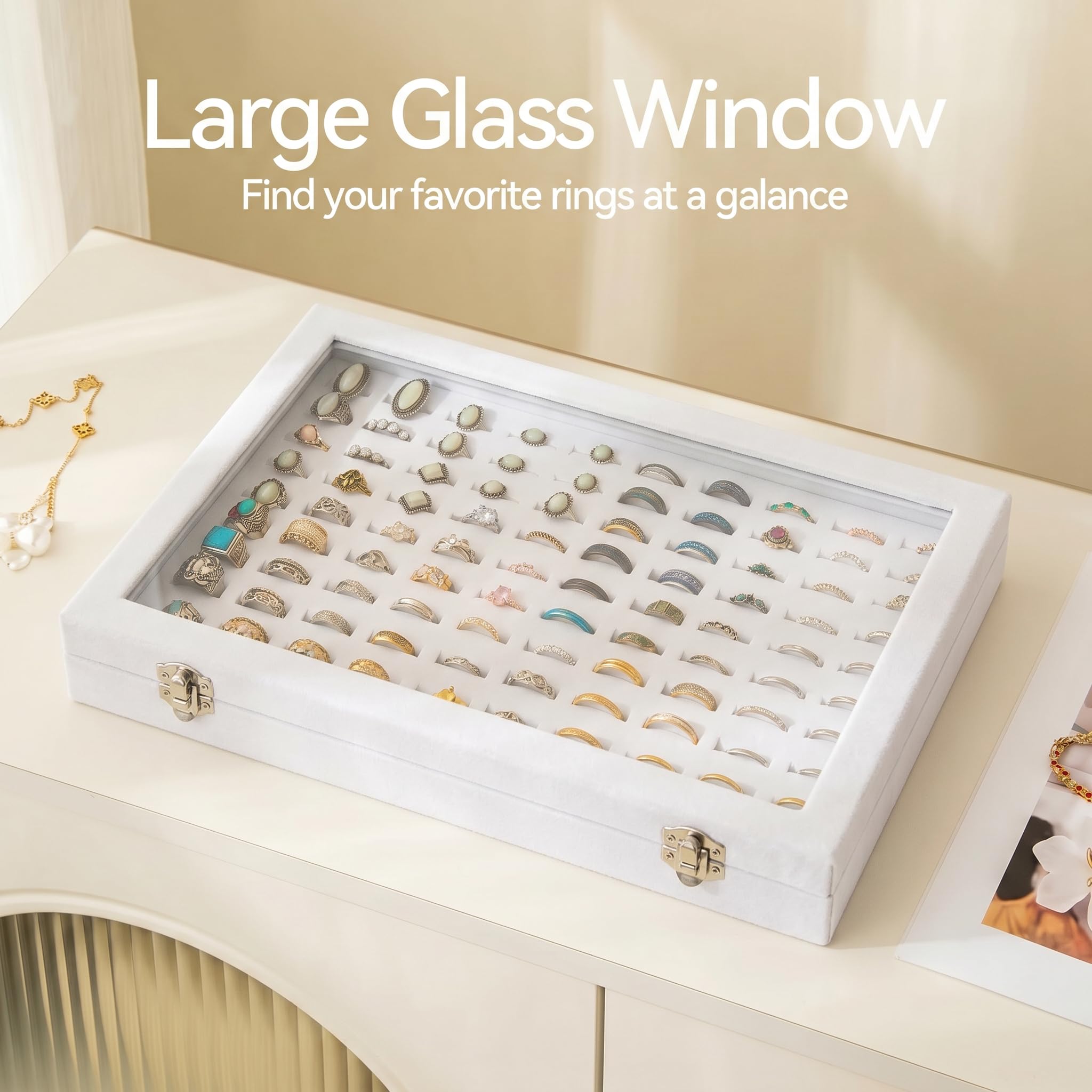 Frebeauty Bandeja organizadora de anillos con 100 ranuras para anillo con tapa transparente, caja de almacenamiento de anillo de terciopelo, bandeja de anillo(Blanco)