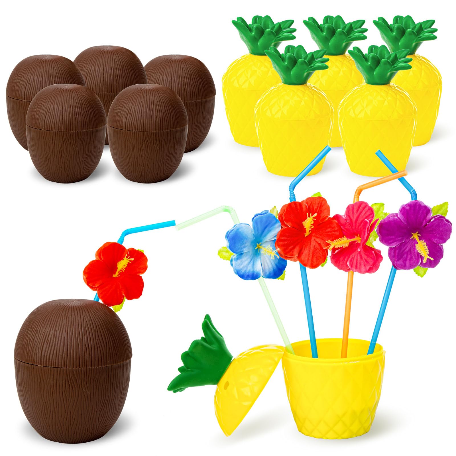 FUTUREPLUSX 12 Pineapple Coconut Cups with 12 Drink Straws, Tropical Hawaiian Luau Decorations and Beach Pool Theme Party Favors for Kids Adults