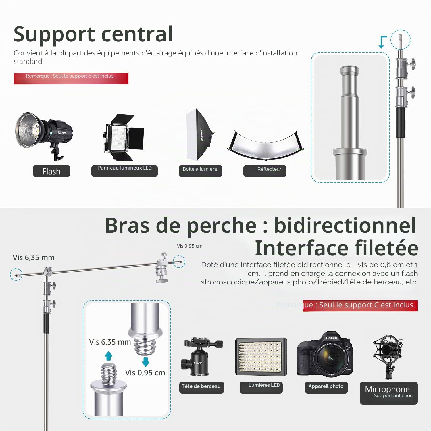 Neewer Support d'éclairage en C de 3 m avec Bras d'extension de 1,2 m, 2 têtes de préhension et Sac de Transport pour réflecteur vidéo, Parapluie, monolight, etc. (Version Basique)