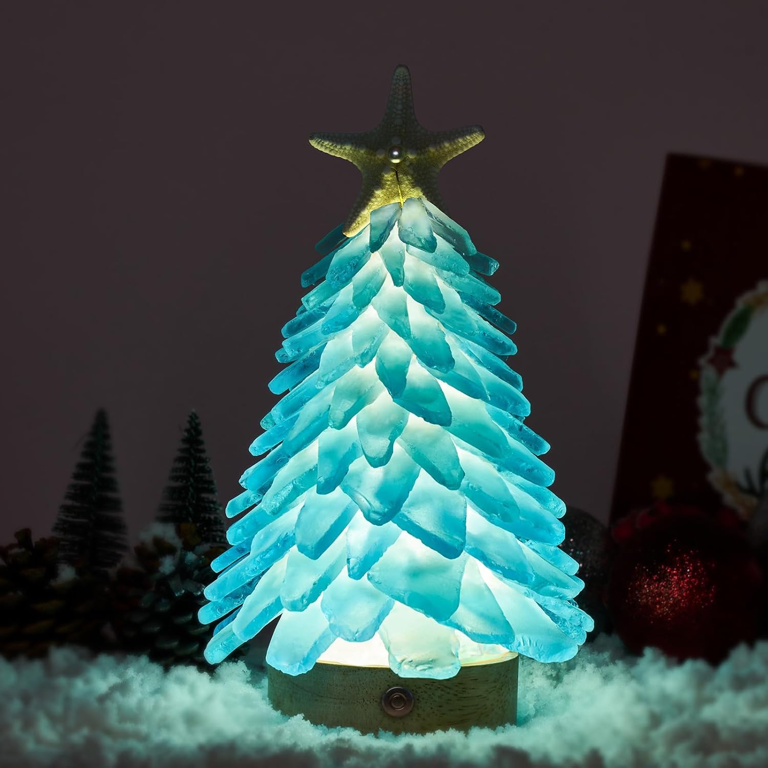 Árbol de Navidad de cristal azul marino hecho a mano, con LED, ideal para Navidad, Año Nuevo, decoración de vacaciones costera versátil