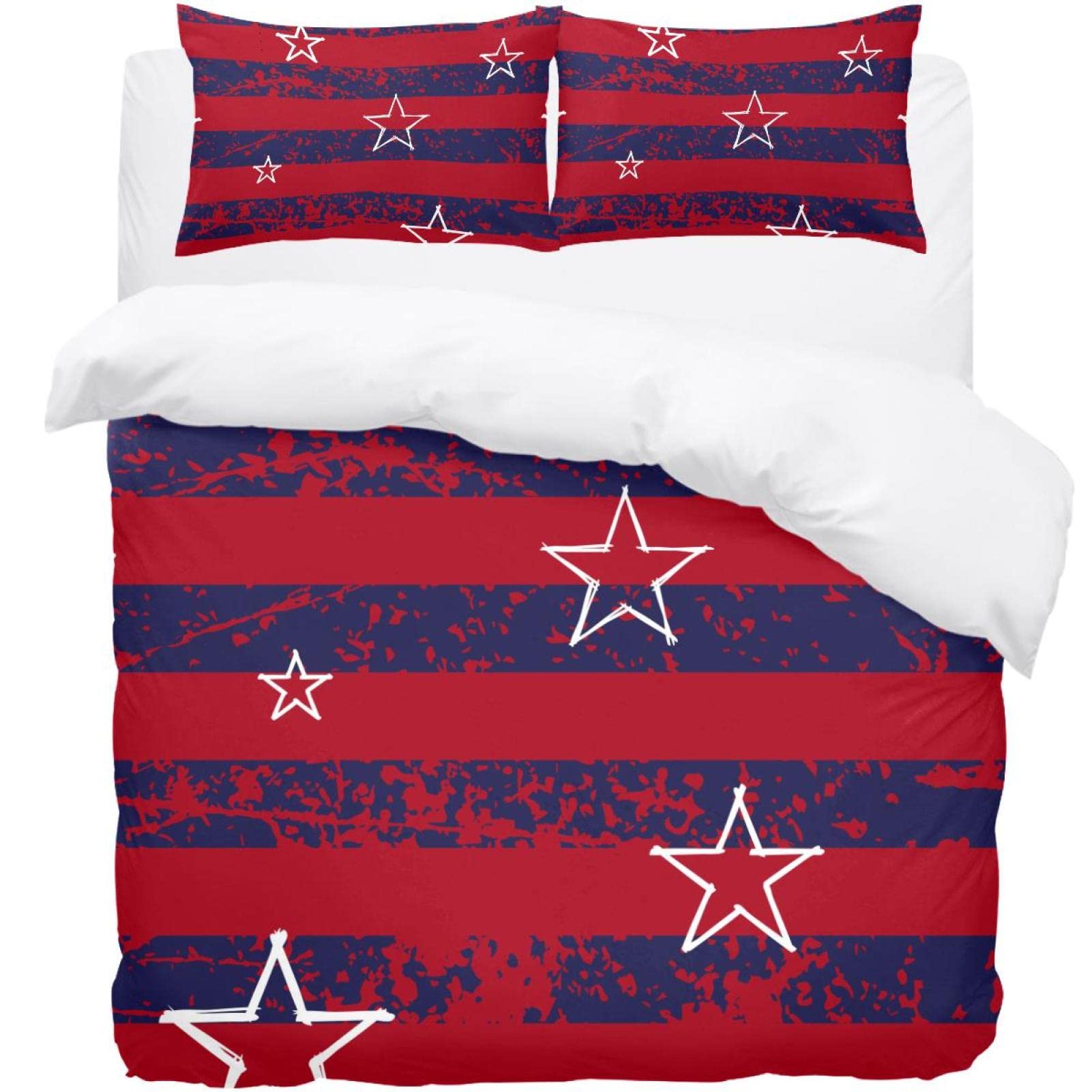 Parure de lit housse de couette drapeau américain rouge et bleu marine avec 2 taies d'oreiller