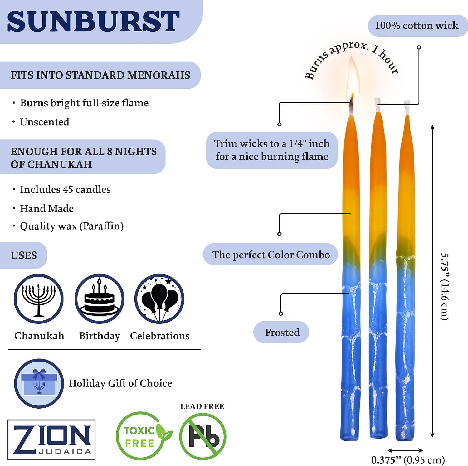 Zion Judaica Hanukkah Candles Sunburst Colors Set of 45 Decorative Candles for Menorah, Chanukah, Parties, Decorations