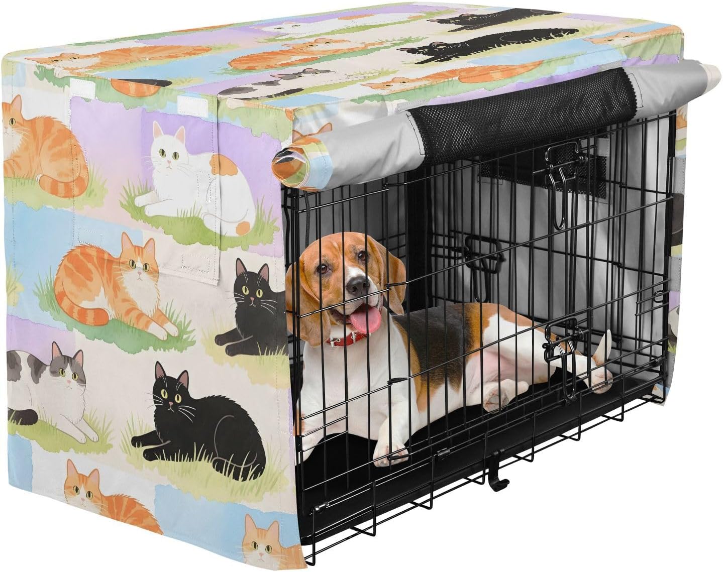 Watercolor Cat Garden Dog Crate Cover 600D Oxford Pet Kennel Cover with Mesh Window for Dog Cages, Windproof Waterproof Machine Washable, 42"x28"x30"