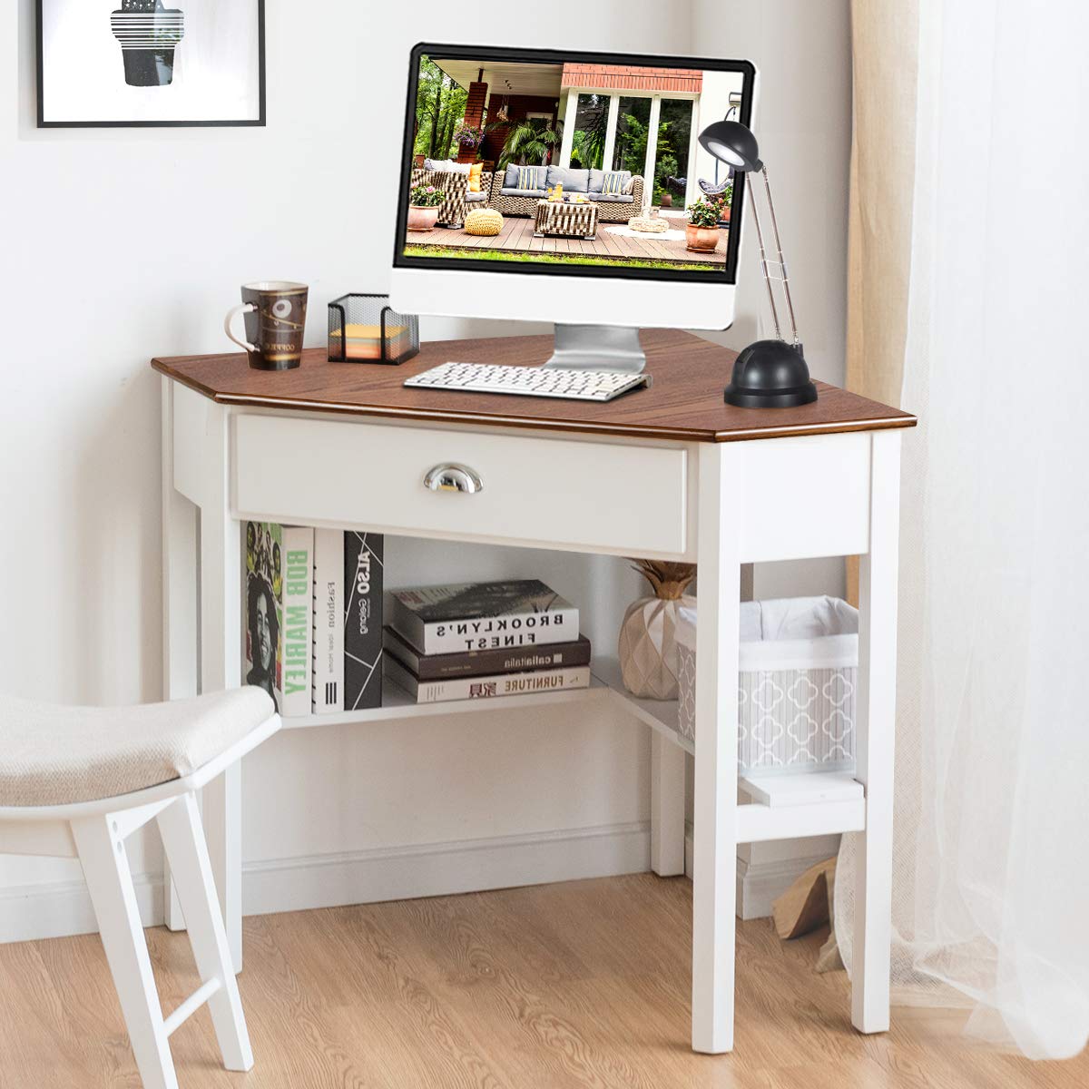 IFANNY Corner Desk, Triangle Desk with Drawers and Shelves, Wood Corner Console Table, Vanity Table with Storage, Corner Writing Desk, Small Corner