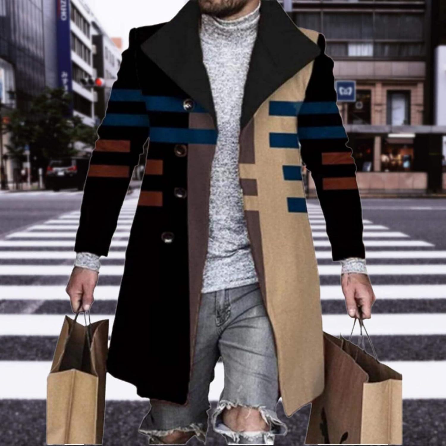 Men's Plaid Long Trench Coat Mid - Length Lapel Collar Button Down Warm Overcoat for Winter & Autumn Fashion - Image 2