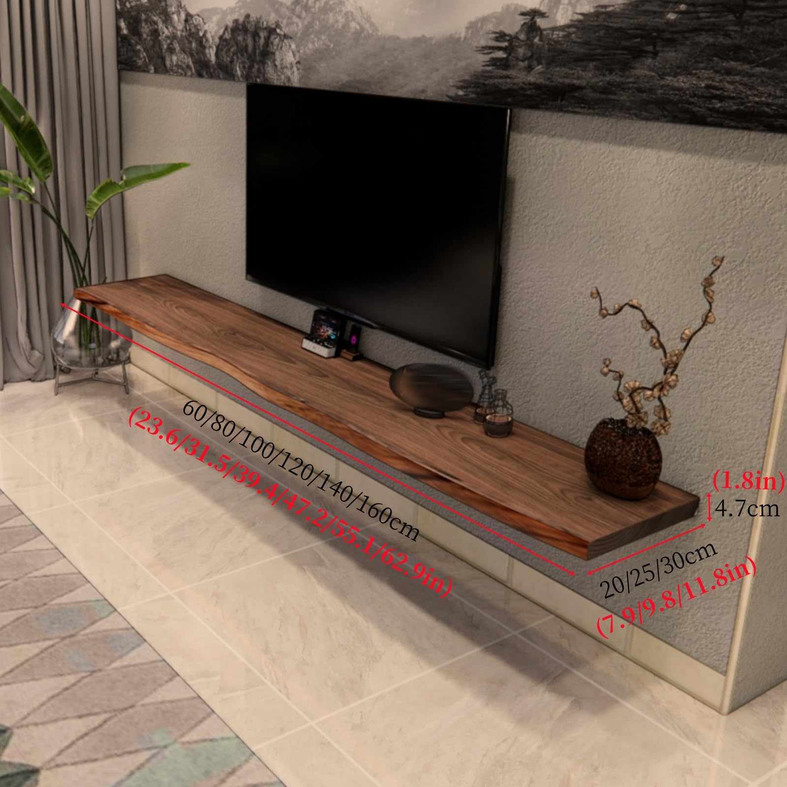Mobile TV sospeso da parete in legno massello noce mobile salvaspazio TV 80 x 20 x 4,6 cm elegante design elegante