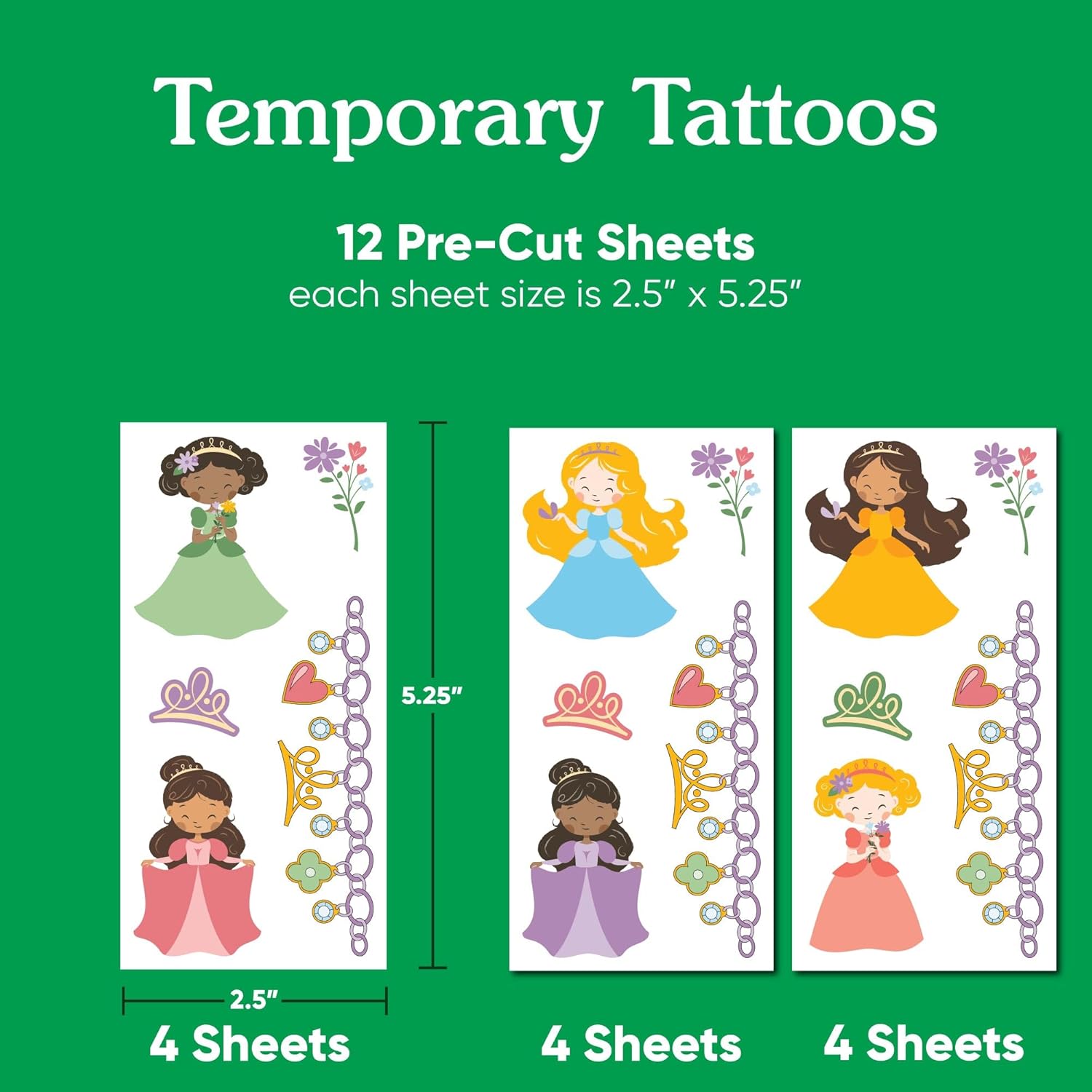 Big Dot of Happiness Princess Temporary Tattoos for Kids' Party Favors, Princess Party Activity for Girls' Birthday, Set of 12 Tattoo Sheets – 60 Total Tats