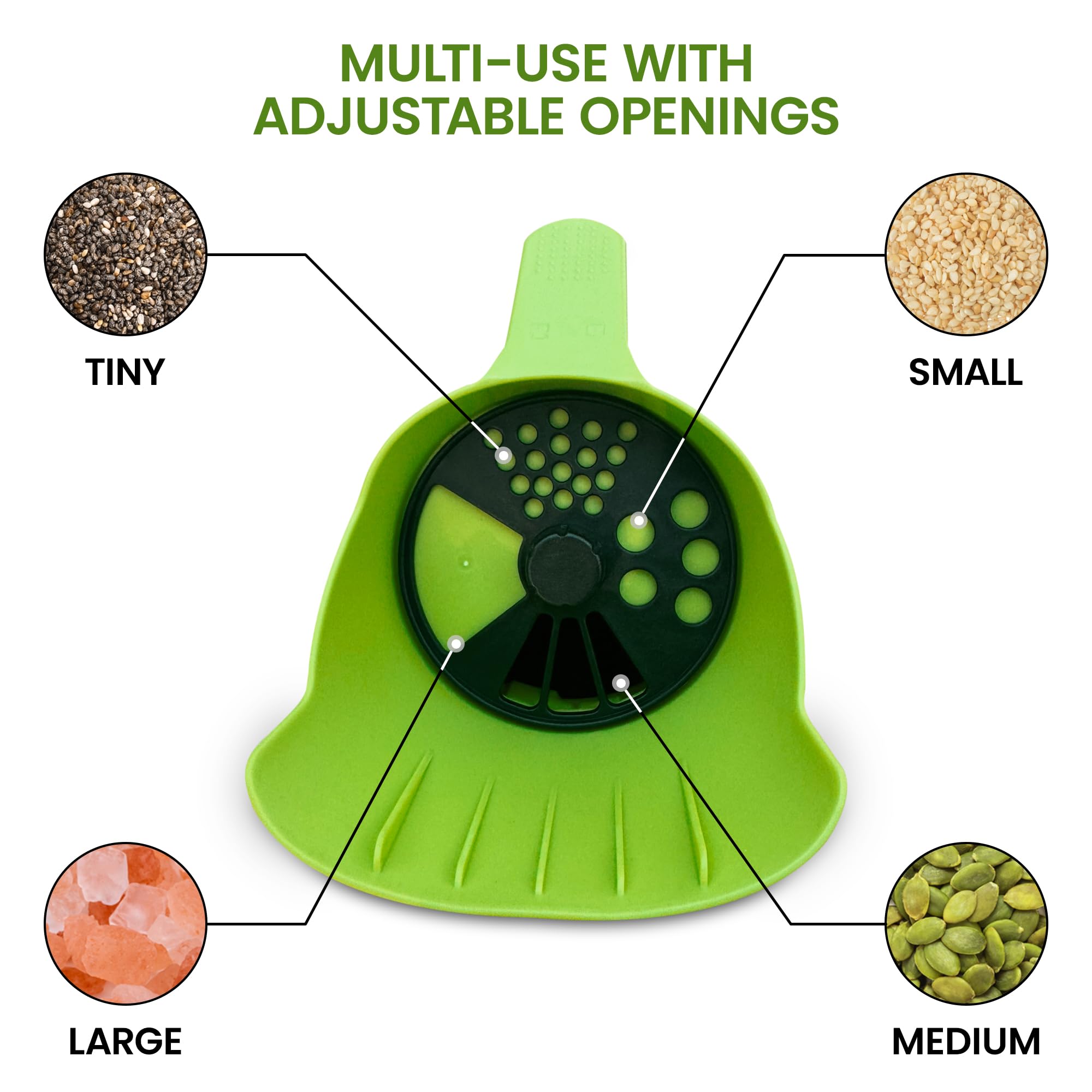 Garden Guru - Esparcidor de semillas de mano, multiuso, semillas de césped, fertilizantes, sal, hielo y nieve, tapa giratoria ajustable con aberturas de varios tamaños, sembradora manual ligera de 1 L
