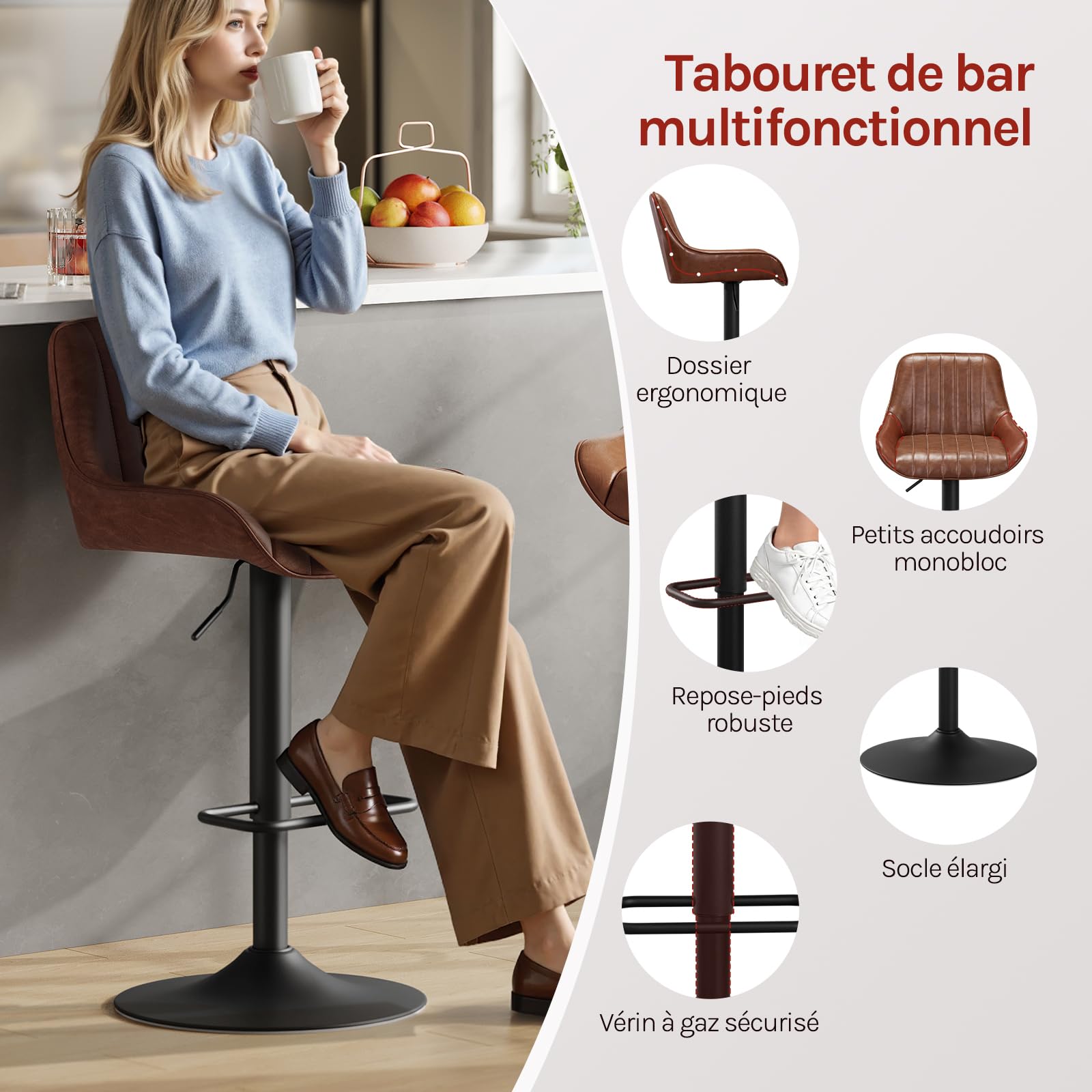 WOLTU Tabouret Bar, Chaise Haute Cuisine, Réglable en Hauteur, avec Accoudoirs et Dossier, Siège Rembourré, pour Ilôt Central Cuisine, Bar, Restaurant, en Faux Cuir Ciré + Métal, Brun