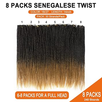 Crochet Hair for Black Women - 14 Inch 8 Packs Senegalese Twist Crochet Hair Pre Looped, 30 Strands/Pack Ombre Twist Crochet Hair