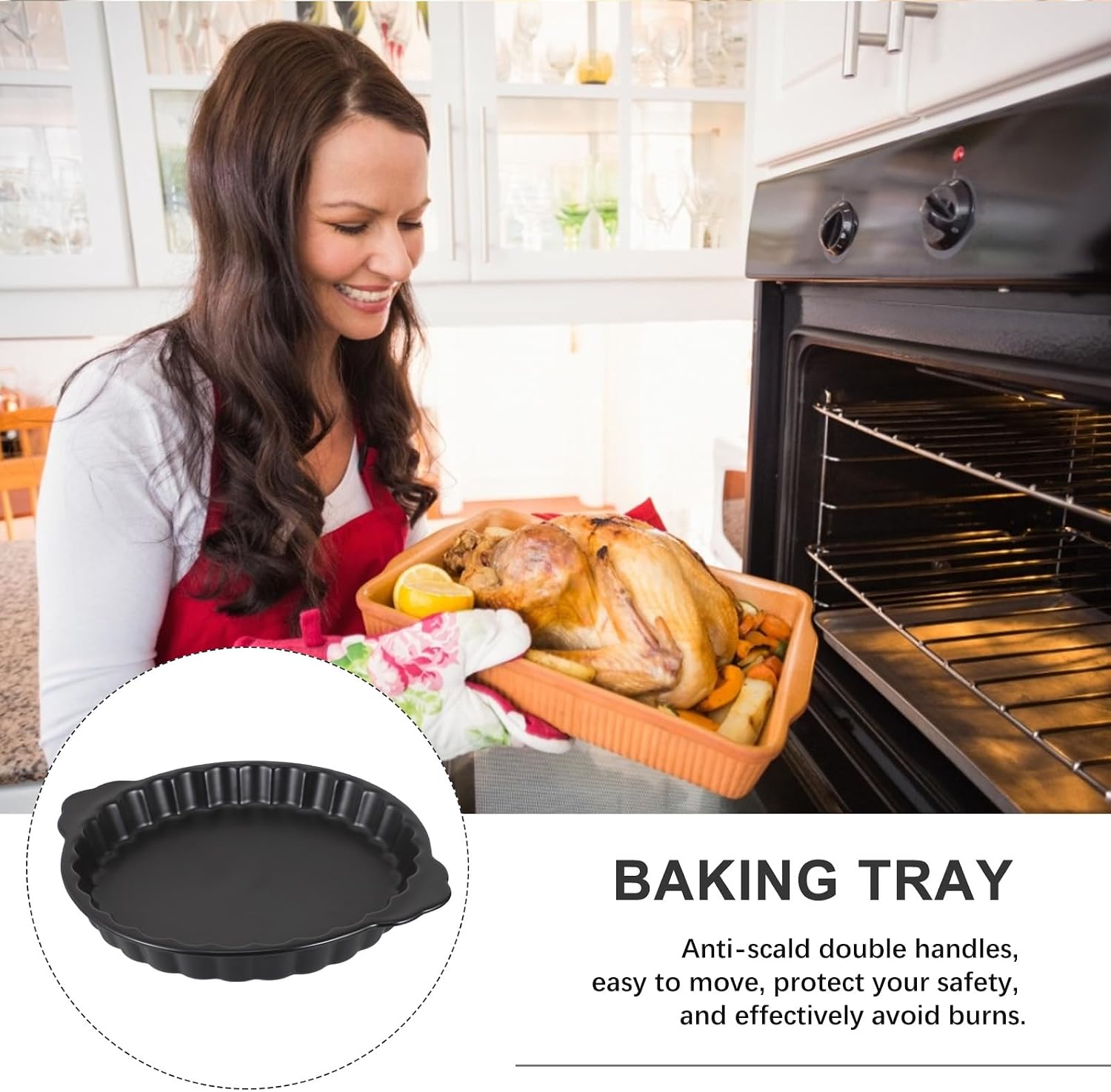 FRCOLOR Ceramic Baking Dish with Handles Black round Food Baking Pan Home Kitchen Bakeware Tray for Oven Cooking and Serving