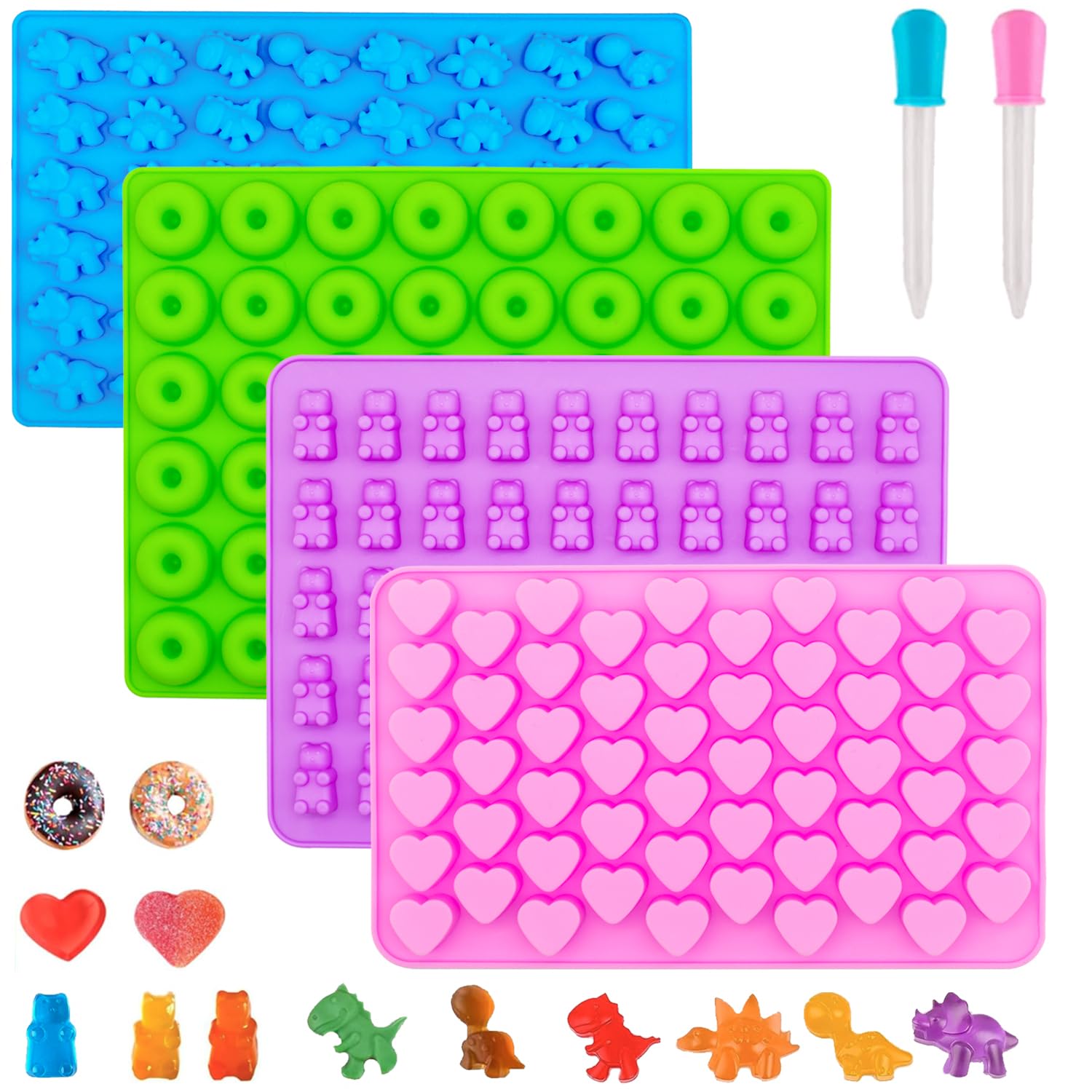 Gummy Candy Molds, Gummy Bear Mold Silicone with 2 Droppers, Non-Stick Silicone Molds Including Hearts, Bear, Mini Dinosaur and Mini Dount, Set of 4