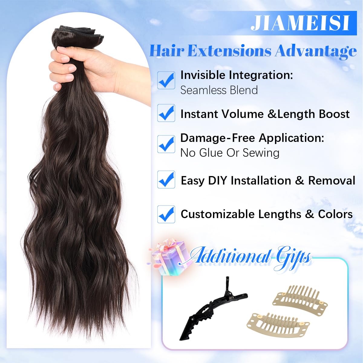 JIAMEISI Clip in Hair Extensions 4PCS Full Head Long Wavy Hair Extensions Synthetic Fiber 22 Inch 200g Clip in Thick Hairpieces for Women/Girls (#6A Dark Brown) - Image 2