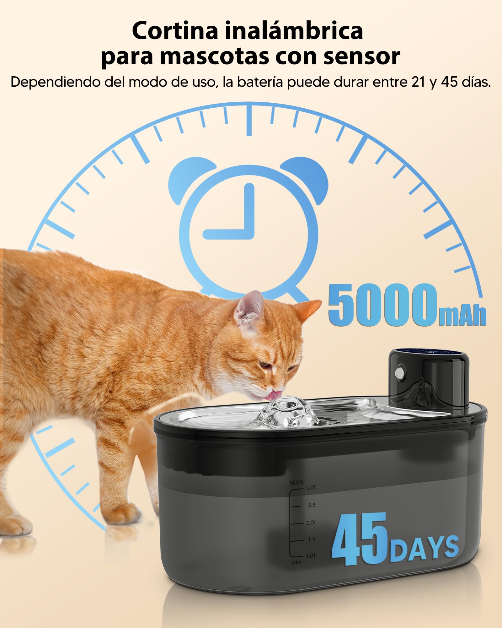 TOMXCUTE Fuente para Gatos 3L con Batería 5000mAh y Sensor | 3 modos: sensor, temporizador y continuo, con cuenco de acero inoxidable y salida automática de agua.