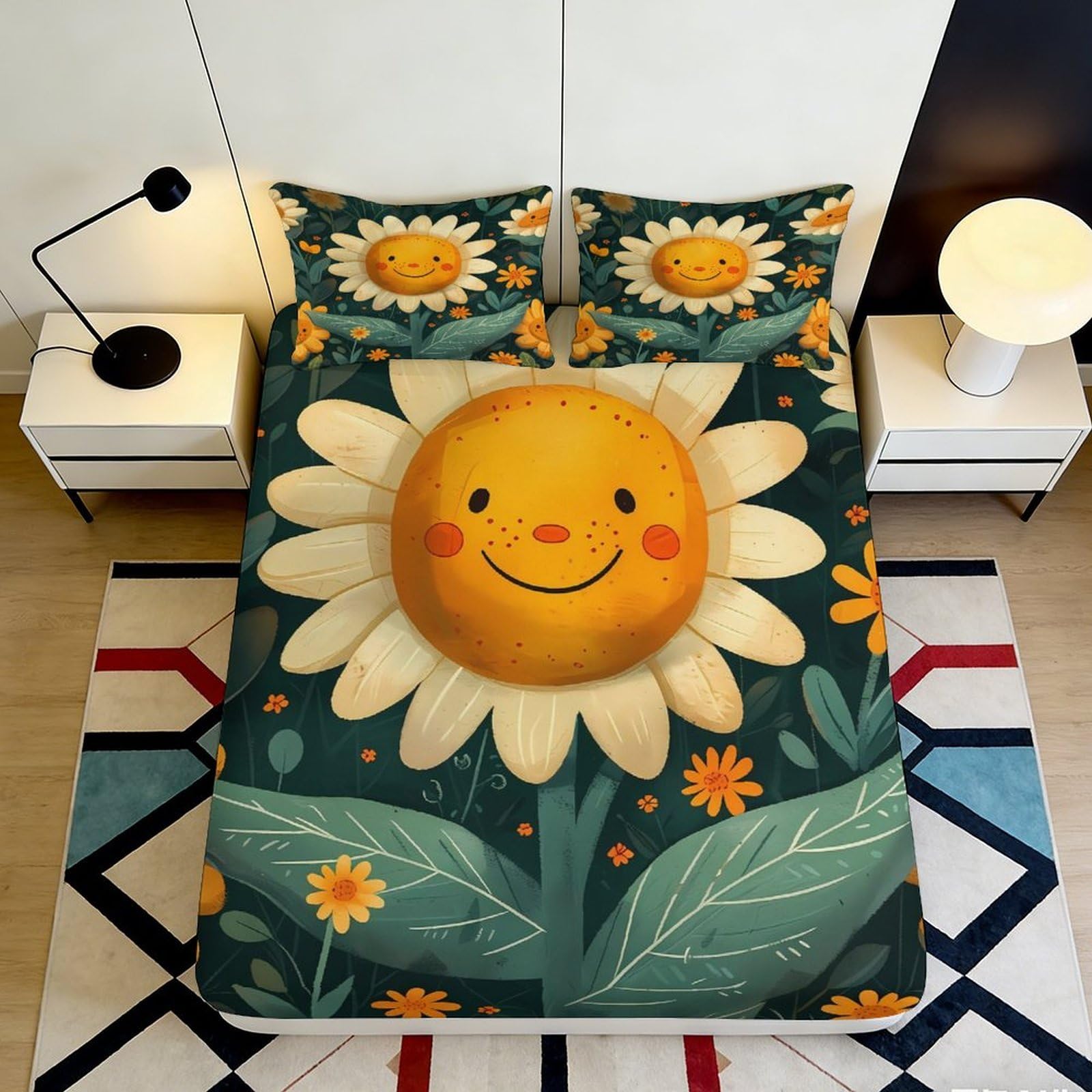 3D Printed Sunflower Smile Fitted Sheet Microfiber Soft Yellow Floral Bed Cover for Bedroom Dorm Mattress Decor 90x200x25cm