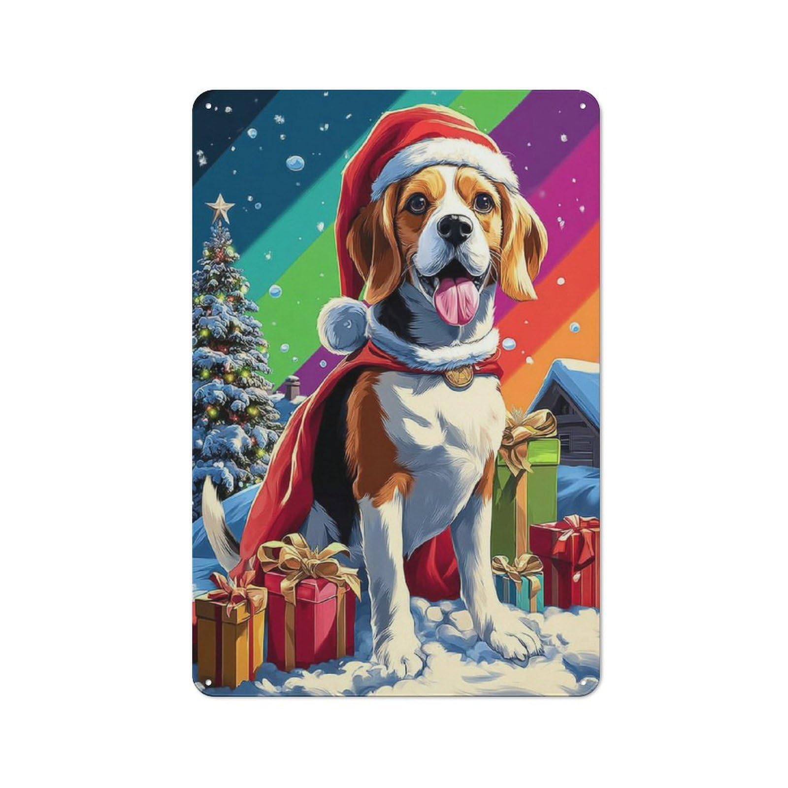 Junmoney Christmas Beagle With Presents Metal Wall Sign 30X20cm Featuring For Café Or Restaurant, A Decorative Metal Sign For Cafés And Restaurants