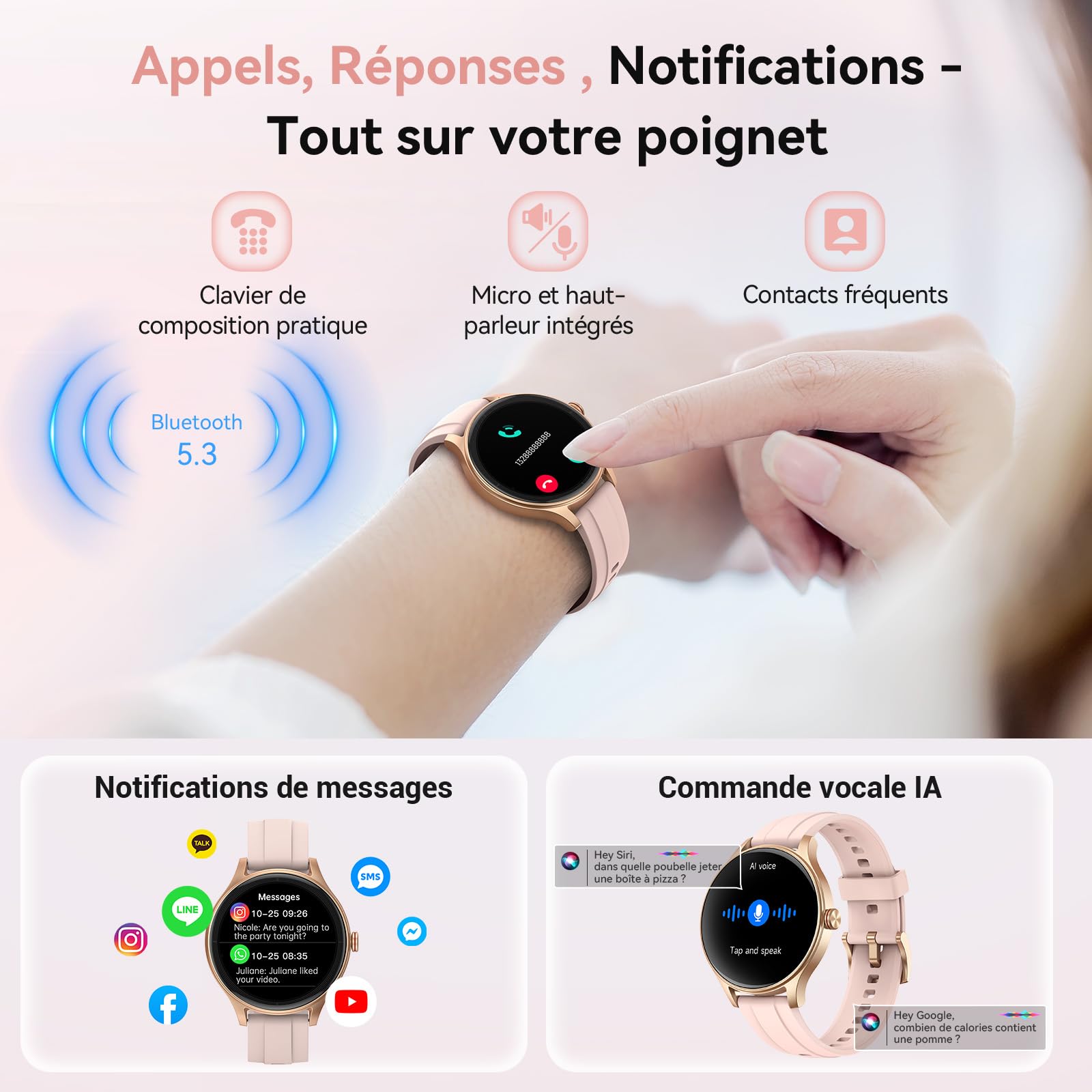 Montre Connectée Femme Smartwatch 1.57" Appel Bluetooth Surveillance Fréquence Cardiaque Sommeil 3ATM étanche 120+ Modes Sport Podometre