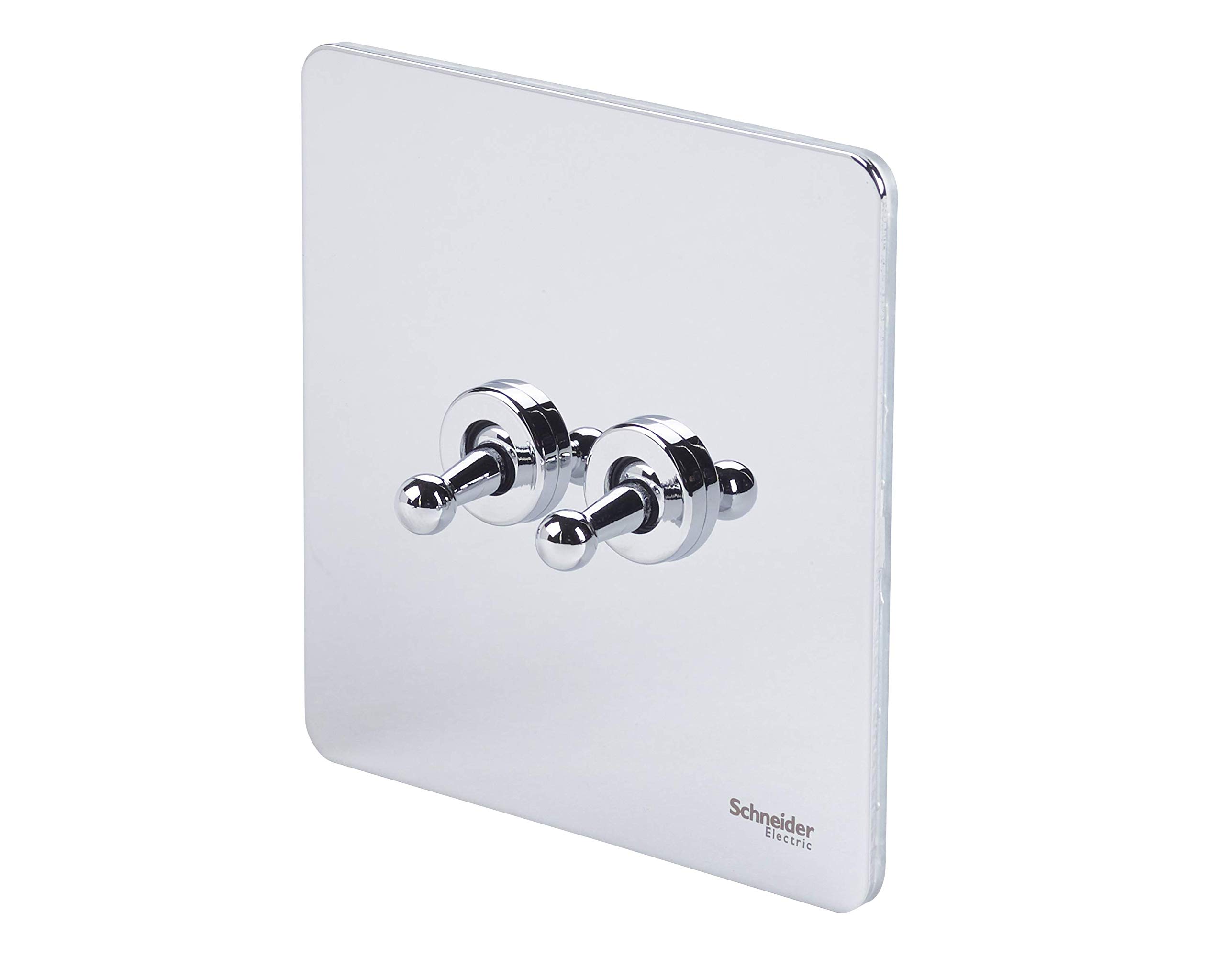 Schneider Electric Placca piatta senza viti – Interruttore a doppia levetta a 2 vie, polo singolo, 16AX, GU1422TPC, cromo lucido