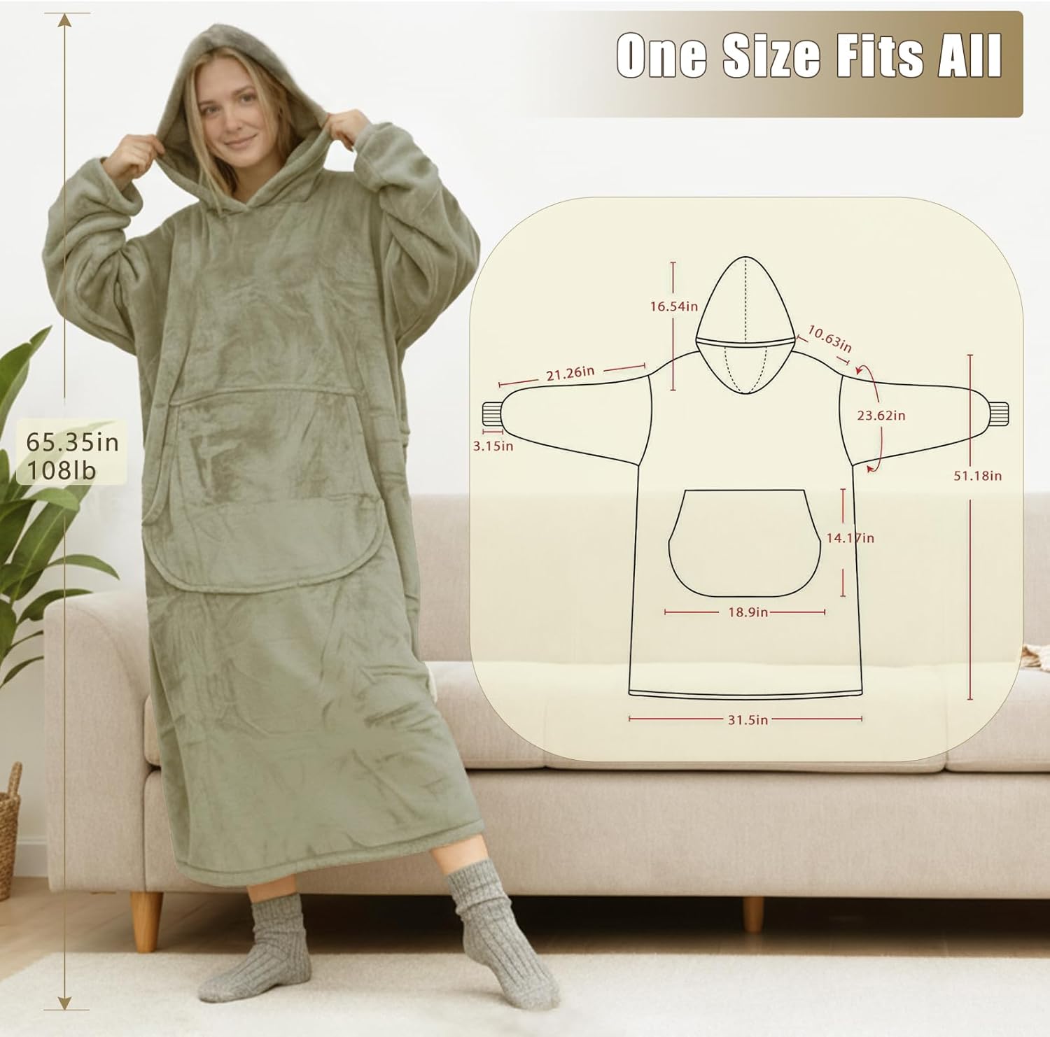 CSONFT Wearable Blanket Oversized for Men Women Hooded Blanket with Sleeves and Pocket One Size Fits Most 65" Length - Image 2