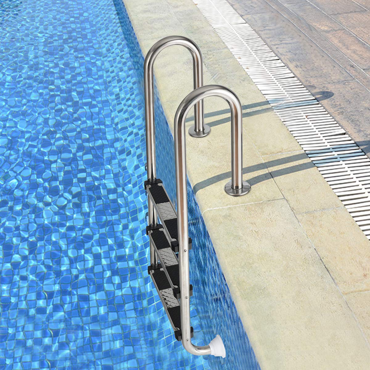 COSTWAY Edelstahl Poolleiter, Schwimmbad Leiter 3 stufig, Einstiegsleiter Silber bis 150kg belastbar, Schwimmbadleiter rutschfest, Einbauleiter 132 x 50 x 26 cm