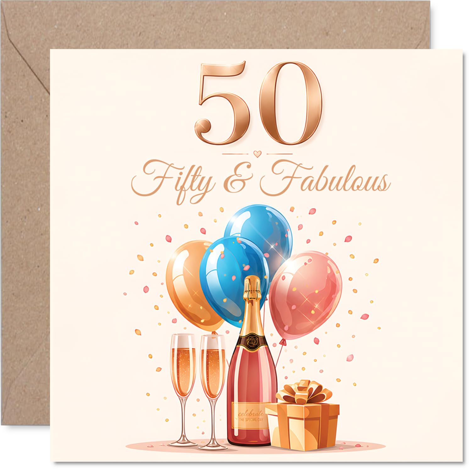 Milestone 50th Birthday Card - Raise a Glass to Fifty - Rose-gold Foil Effect with Champagne, Balloons and Confetti - 145mm Square, Envelope Included
