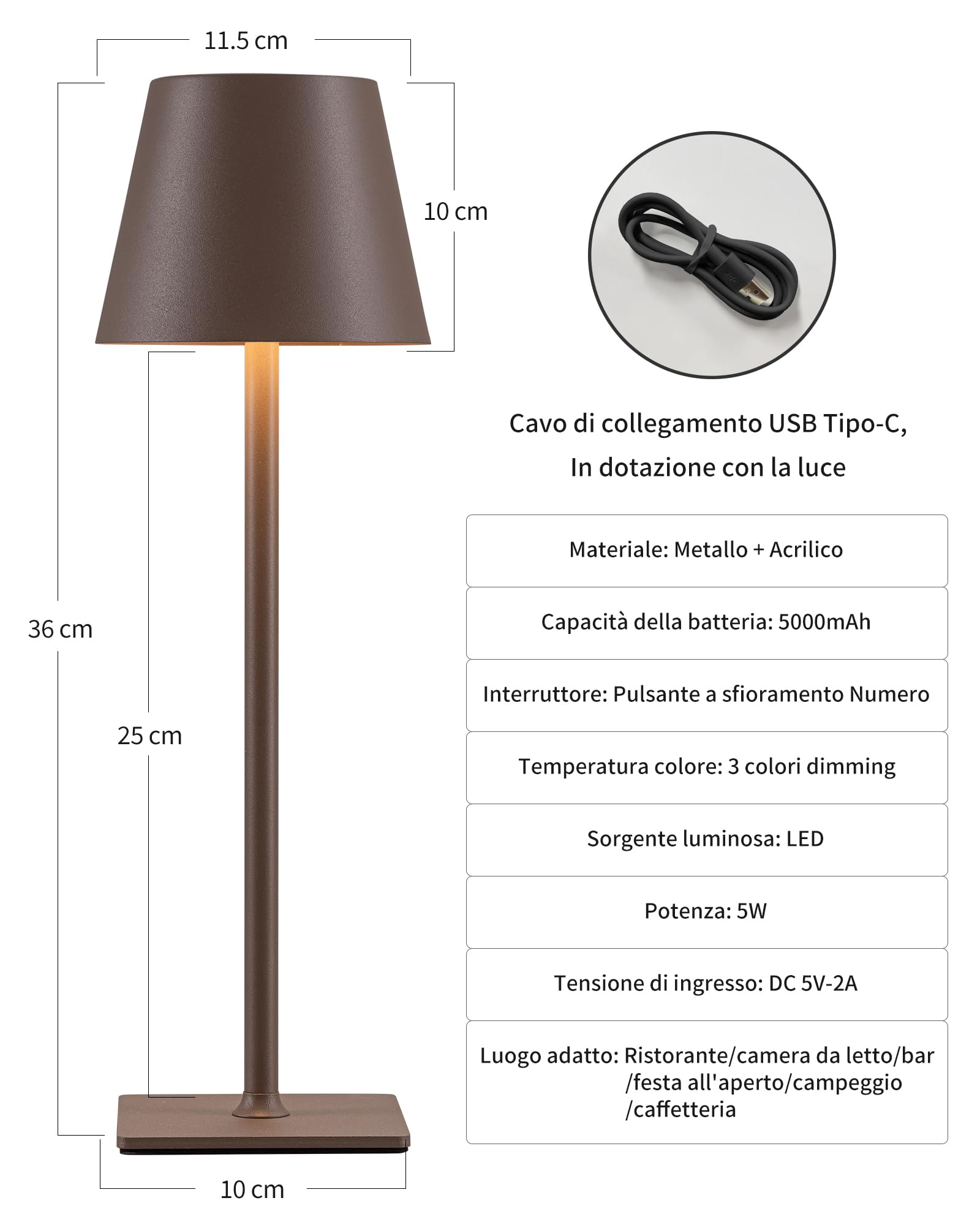 VISDANFO 2 Pezzi Lampada da Tavolo LED Senza Fili, Ricaricabile 5000mAh, Dimmerabile, 2700-6000K, Lampada da Comodino Batteria per Camera da letto, Sala da pranzo, Esterno, Impermeabile (Marrone)
