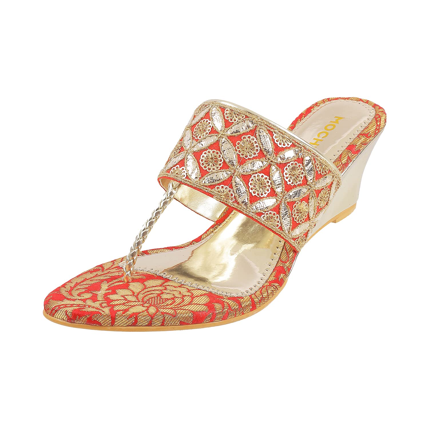 Women's Gold Ethnic Faux Leather Slip On Fashion Heel Sandals-image-28