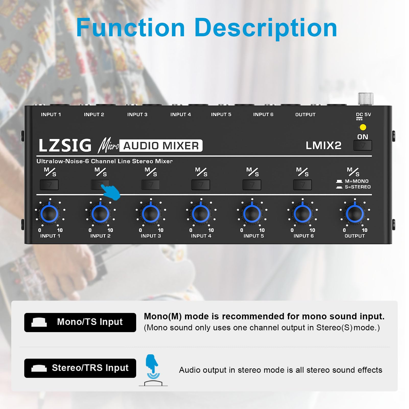 LZSIG Mini mixeur audio, mixeur de ligne stéréo pour sous-mixage, ultra silencieux, 6 canaux, contrôle indépendant du microphone, sortie et entrée TRS 6,3 mm et 0,3 cm, pour guitares, basses, claviers