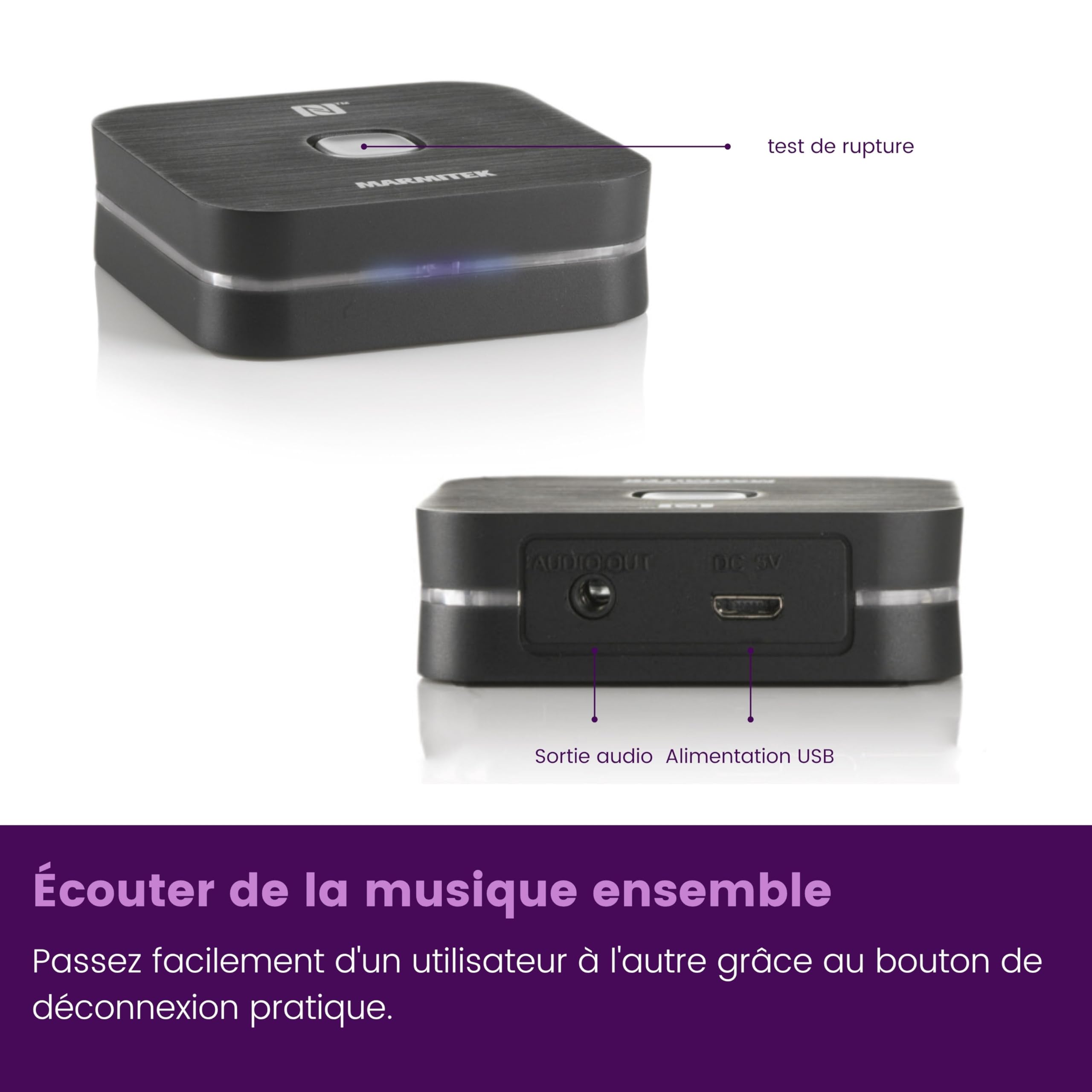 Marmitek BoomBoom 80 - Récepteur Audio Bluetooth stéréo NFC pour Hi-FI | Récepteur Bluetooth pour musique sans fil, sortie jack 3,5 mm, alimentation USB, A2DP, veille et bouton de déconnexion