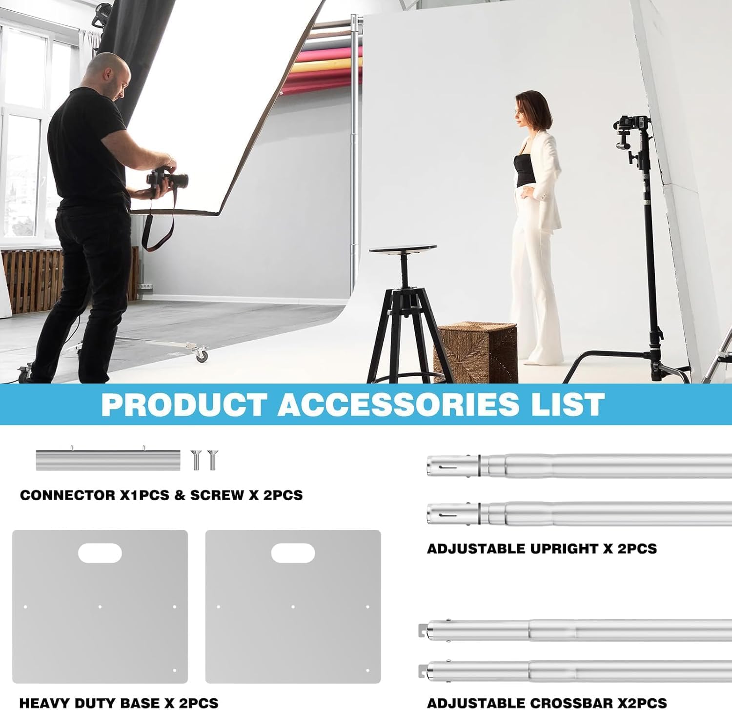 Pipe and Drape Backdrop Stand, 10x10ft Heavy Duty Backdrop Stand with Metal Base, Adjustable Height & Width, Silver Background Holder for Wedding Photography Birthday Party Baby Shower