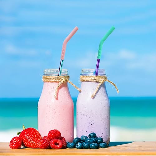 Miniatura 7 de Juego de popotes Senneny 5 popotes de acero inoxidable con puntas flexibles de silicón con codos, incluye 2 cepillos de limpieza y 1 bolsa portátil