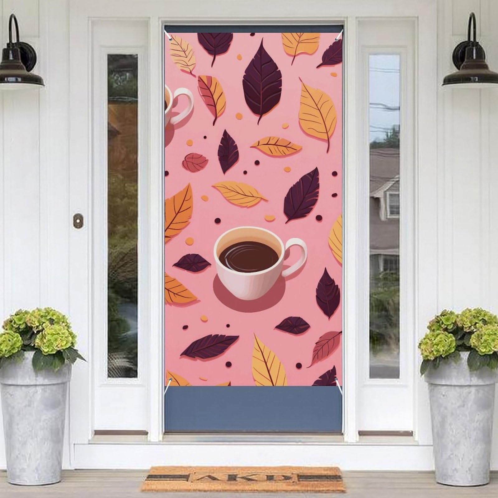 KLOPH Door Cover Decoration Welcome Door Banner Porch Sign Photo Background Doors Curtains for Doorway Privacy Window Curtain Leaves and Coffee Porch Cover Indoor Outdoor Decor 70.9x35.4in
