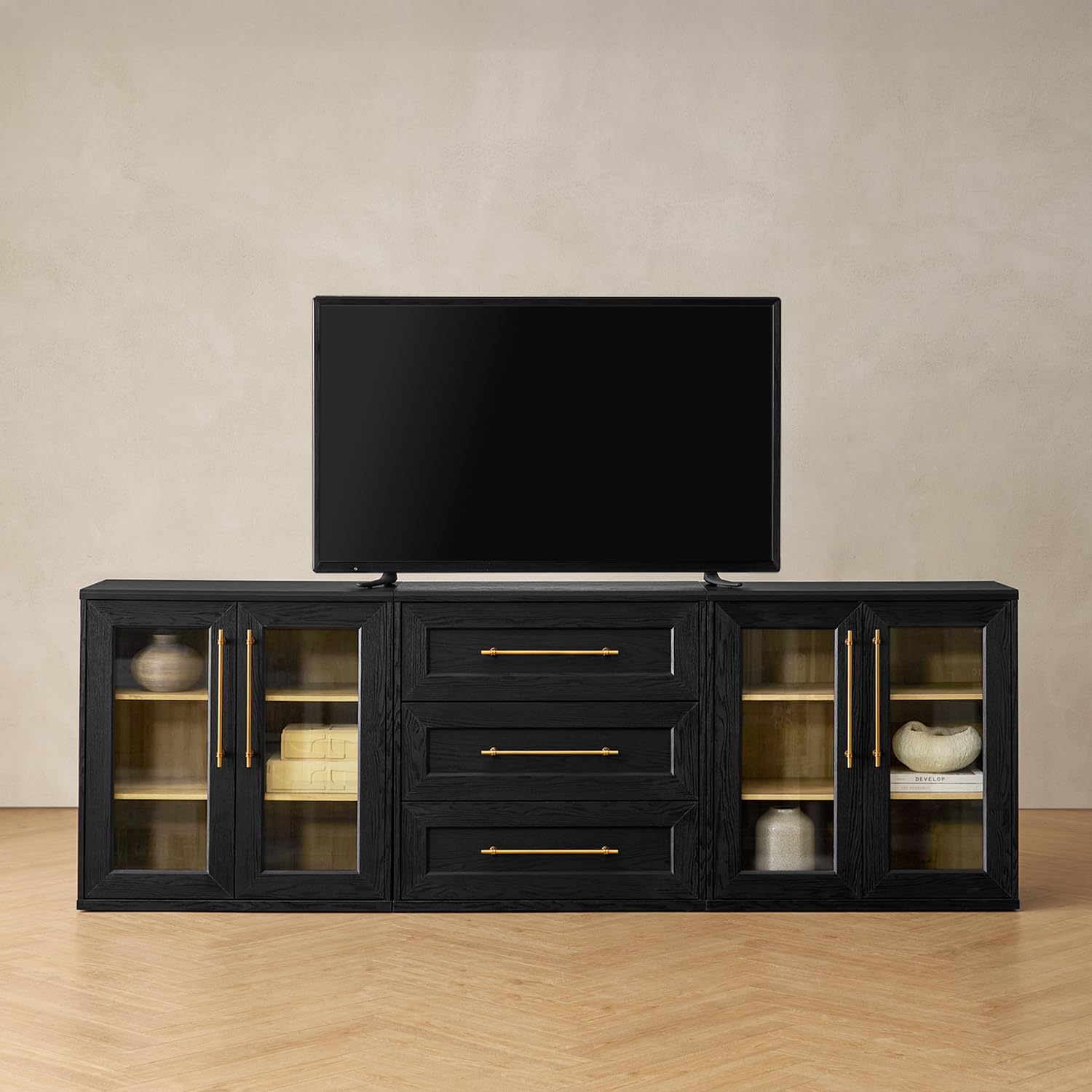 Photo 1 of ****** images for reference ********mopio Blake 3 Piece Entertainment Center with Storage, Modern Farmhouse Modular Storage Cabinet Dresser TV Stand for up to 65" TVs, Side Display Case (Black Oak, 3 Units)