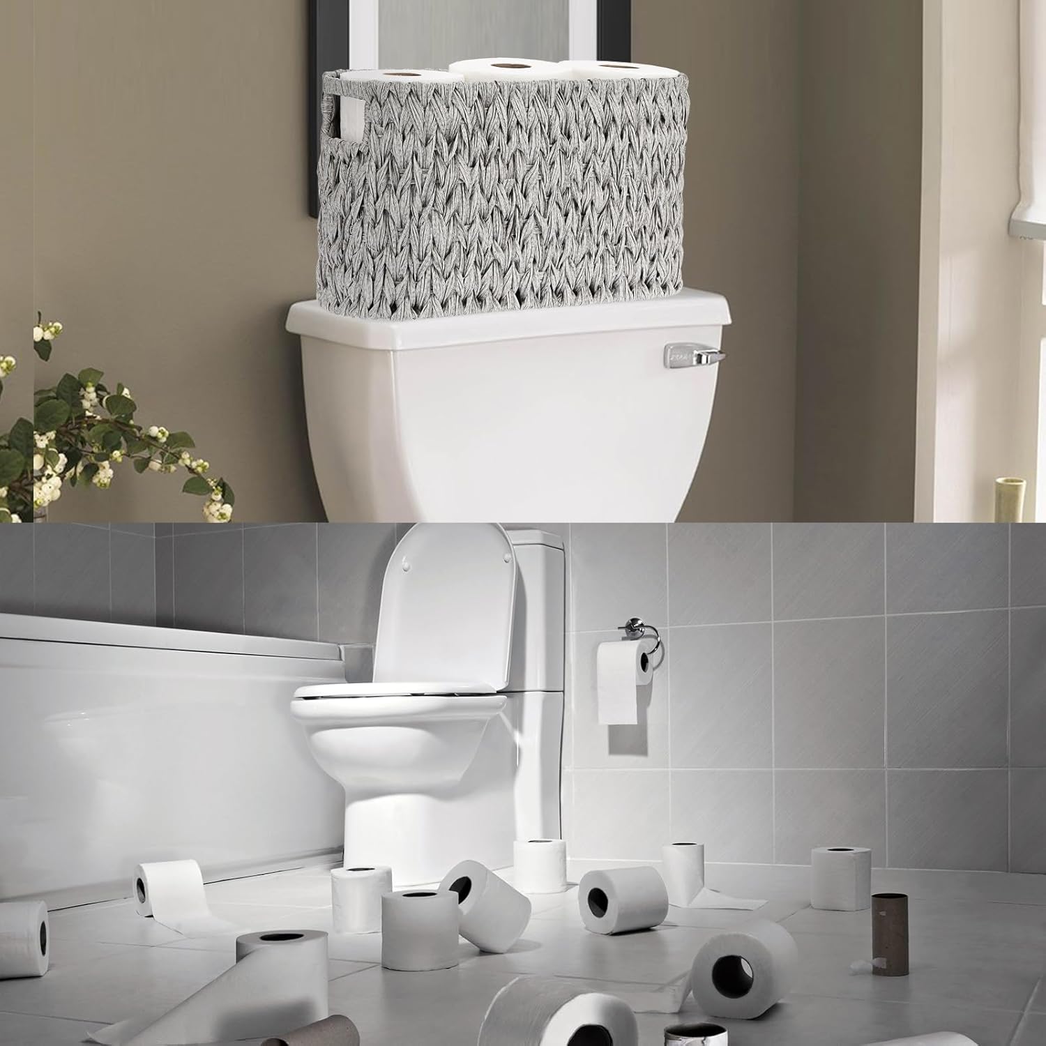 Sumnacon Toilet Paper Storage Basket Freestanding, Woven Toilet Paper Holder Stand with Handle, Decorative Narrow Bathroom Baskets Sturdy Plastic Organizer Bin for Tissue Rolls, Toiletries, Towels - Image 2