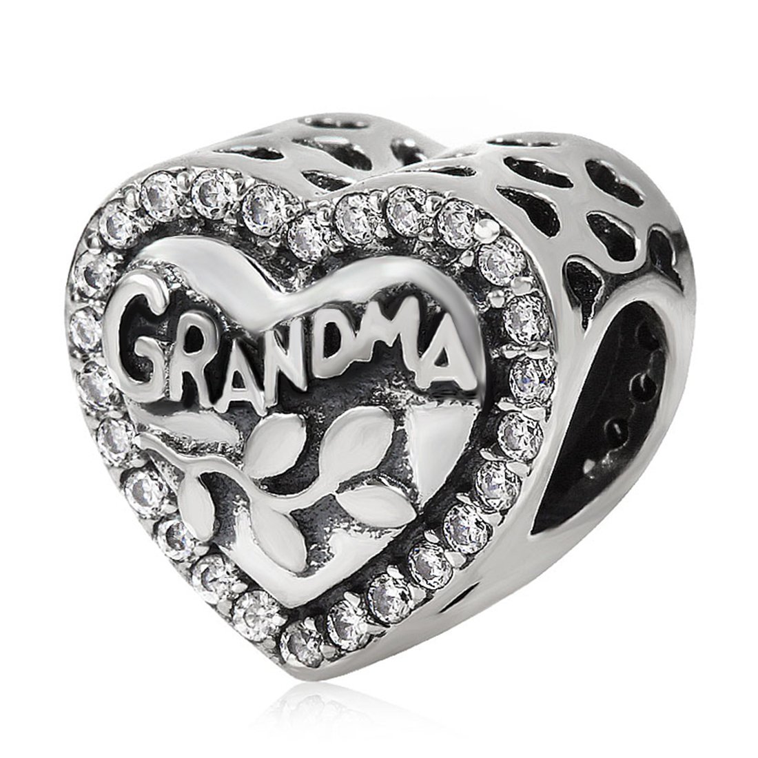 925 Sterling Silver Love Grandma Charm Heart Charm Birthday Charm Anniversary Charm for Pandora Charms Bracelet, Silver, Cubic Zirconia