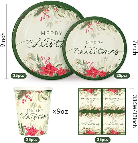 Miniatura 2 de Whaline Juego de 24 platos de papel de Navidad, tazas, servilletas, decoraciones de fiesta, nochebuena, muérdago, platos desechables, juego de