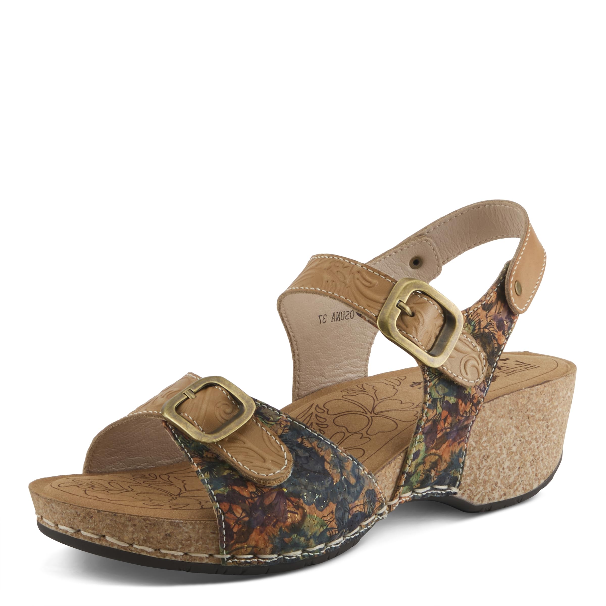 L'Artiste Women's OSUNA Hook-and-Loop Leather Sandals – Floral Cork Design, Adjustable Straps, Cushioned Demi-Wedge Sole