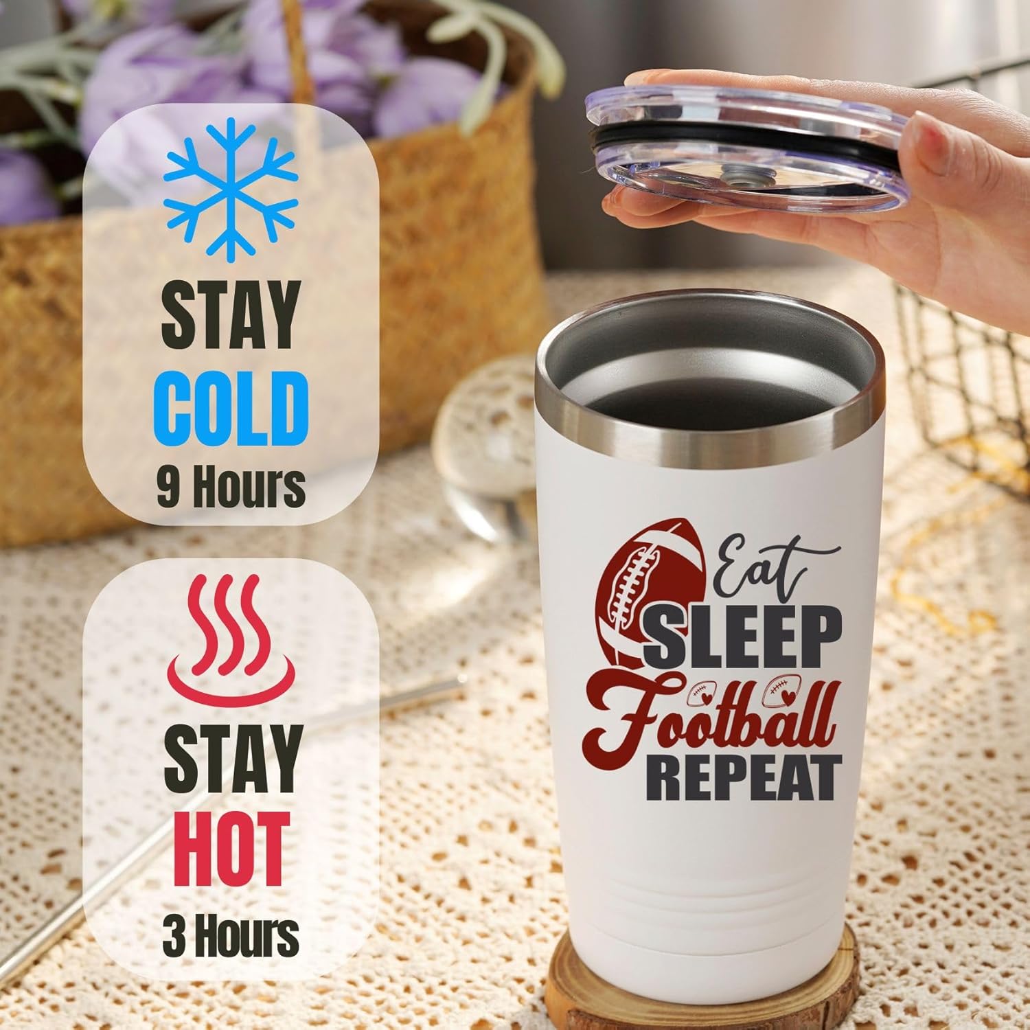 Onebttl Football Lovers Gifts, Funny American Football Gifts for Coach, Men, Dad on Birthday Christmas, 20oz Stainless Steel Tumbler, White, Eat Sleep Football Repeat - Image 5