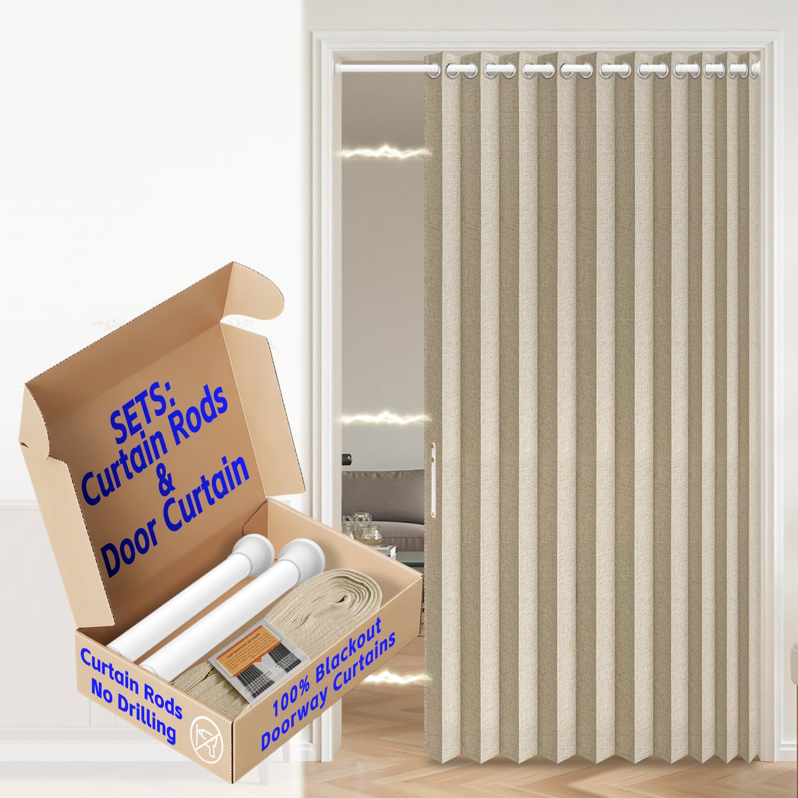 AJAZZ Blackout Accordion Door with Curtain Rods Adjustable 28-52" Long, Invisible Accordion Doors Interior Magnetic Door Curtain for Bedroom Doorway Curtain Set, 1 Pack, W55 x L80 in, Cream Yellow