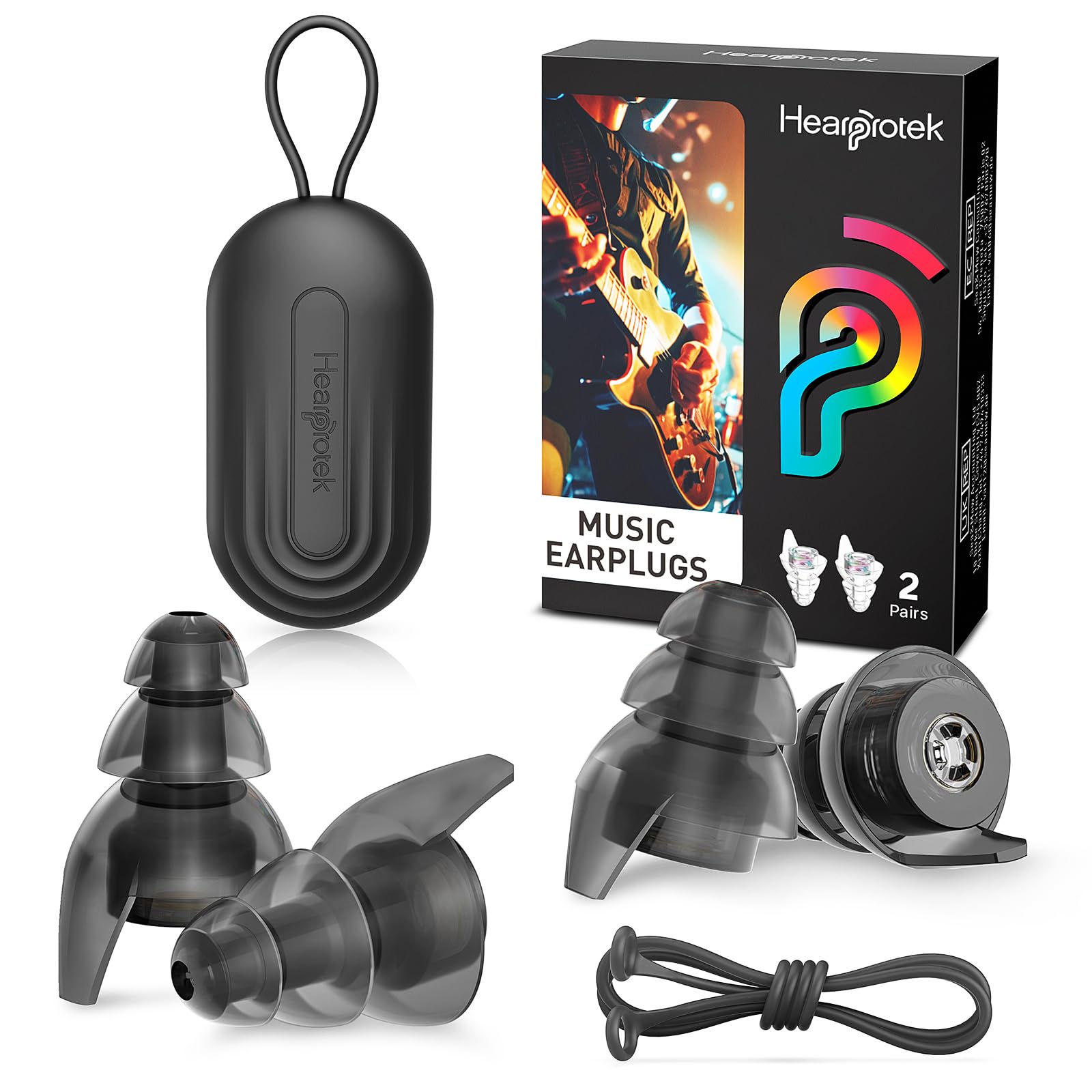 Hearprotek Ear Plugs for Noise Reduction, 2 Pairs Reusable high Fidelity Concert earplugs Corded-Hearing Protection for motorycles, Work, Construction, Rave, Party, Airplane,Travel (26dB)