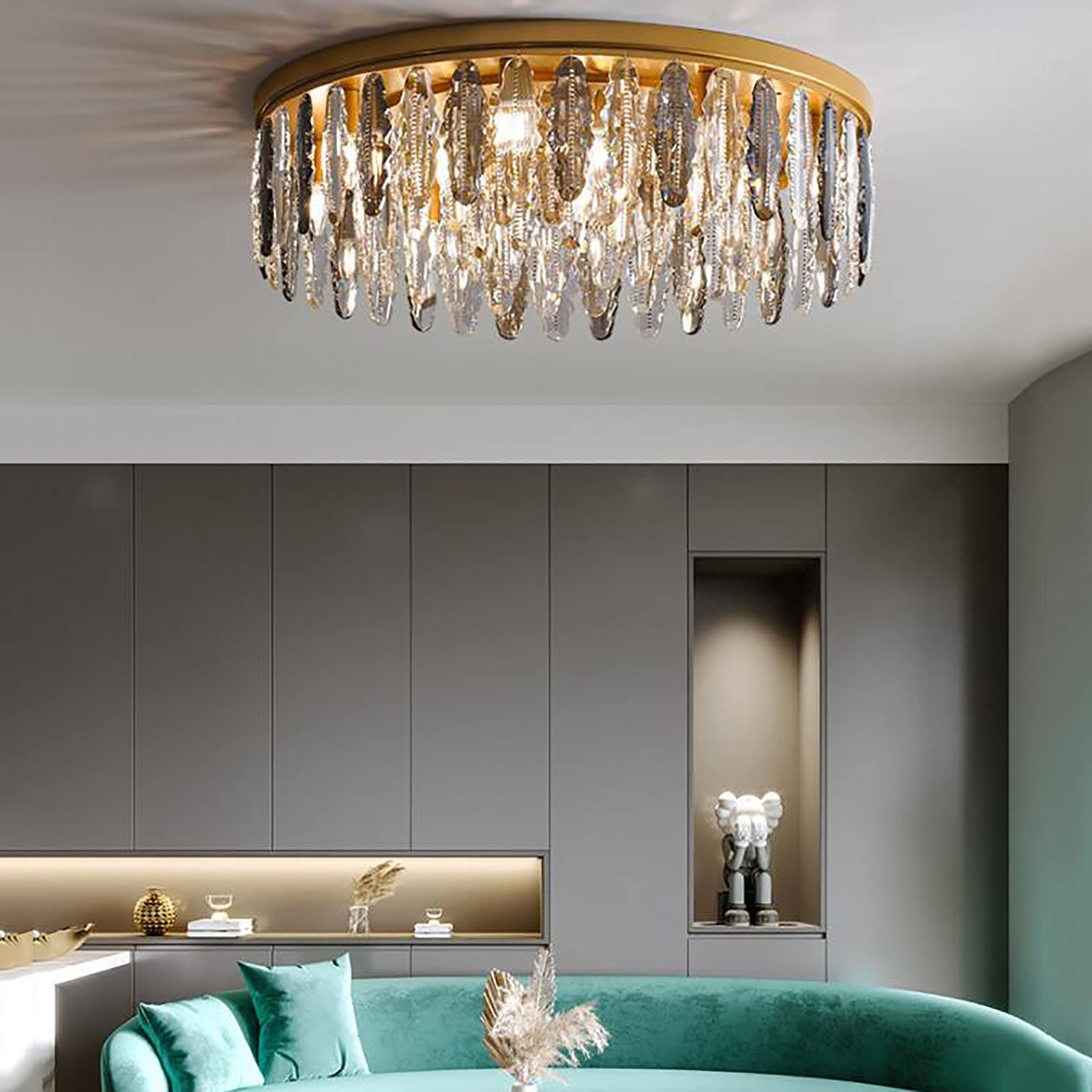 Nowoczesny kryształowy żyrandol z deszczownicą, oświetlenie sufitowe LED, lampa sufitowa, lampa do jadalni, łazienki, sypialni, salonu, E14, wymagane żarówki - złoty 50x23cm